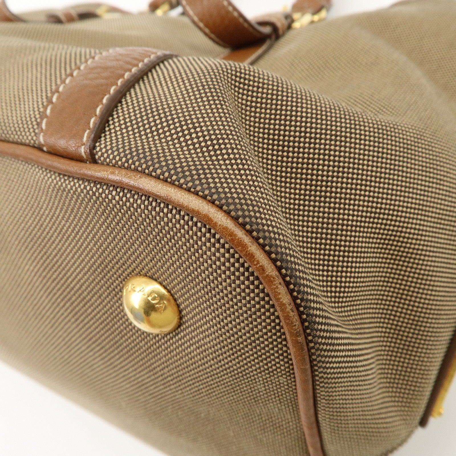 PRADA Leather Logo Jacquard Tote Bag Ribbon Beige Brown BN1841 Used