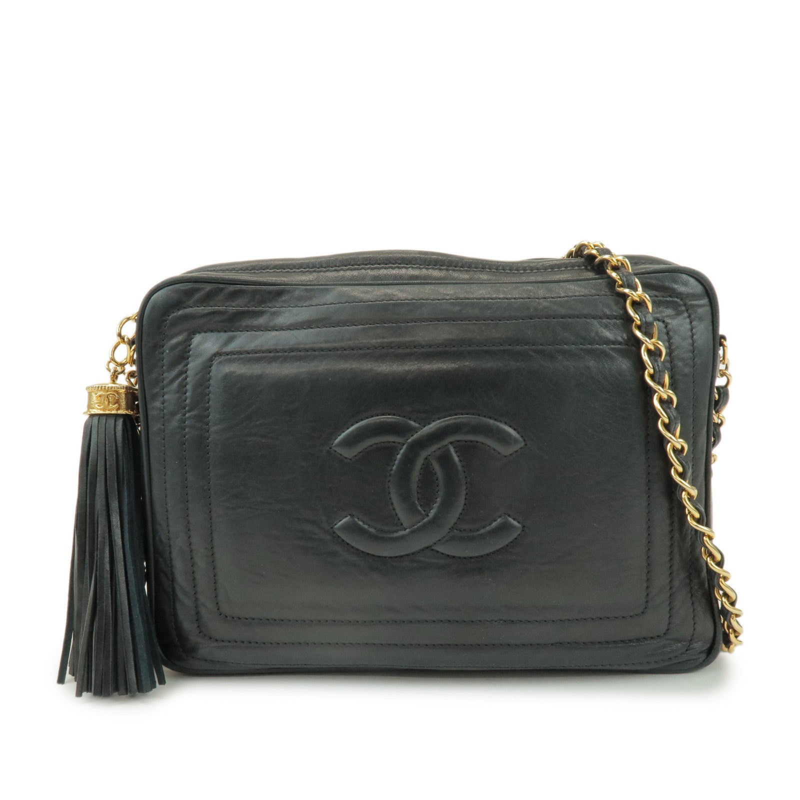 CHANEL COCO Mark Lamb Skin Chain Shoulder Bag Tassel Charm Black