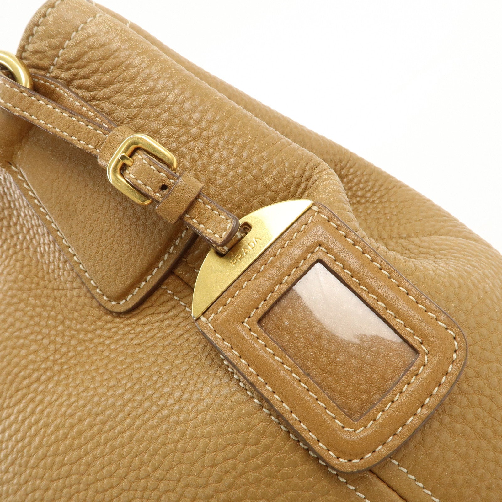 PRADA Leather Tote Bag Hand Bag Shoulder Bag Beige Gold HDW Used