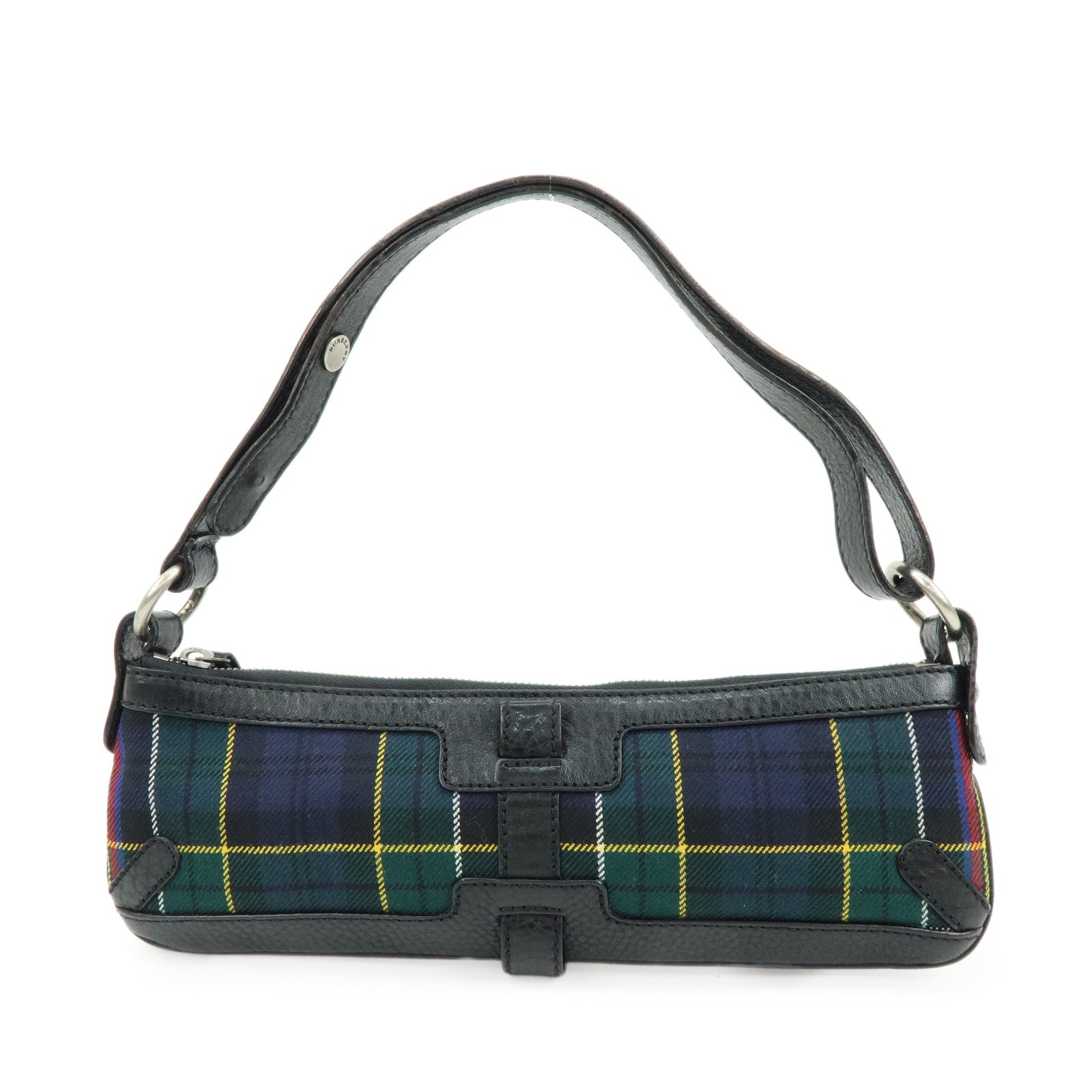 BURBERRY Canvas Leather Plaid Shoulder Bag Black Green