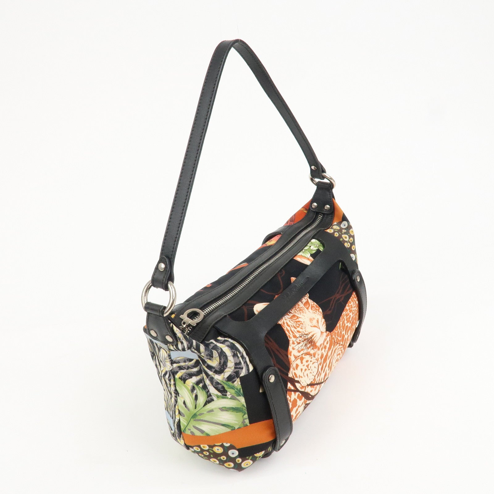 Ferragamo Nylon Leather Mini Hand Bag Shoulder Bag Animal Black