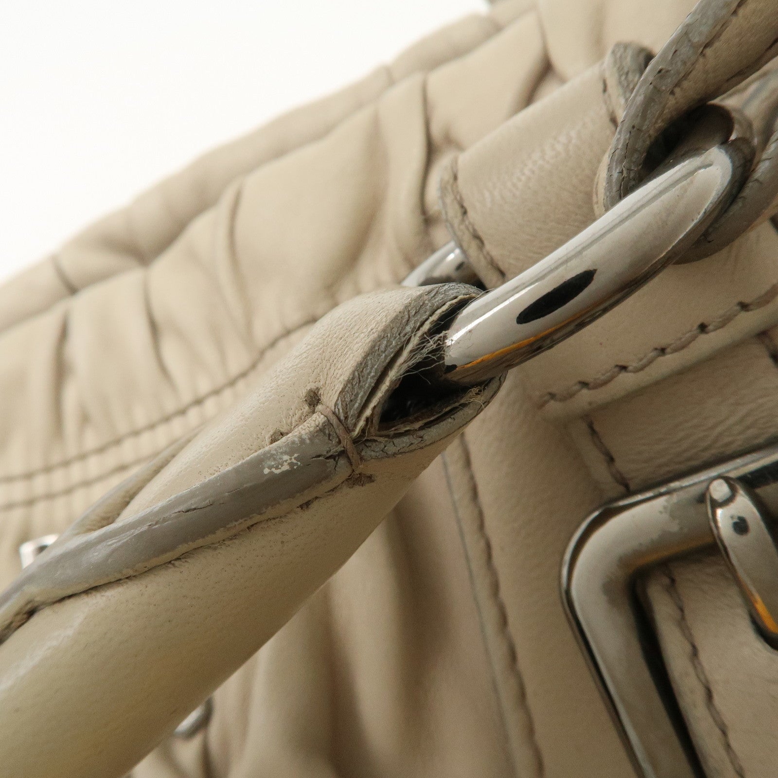 PRADA Logo Leather Gathered 2Way Hand Bag Beige BN1336