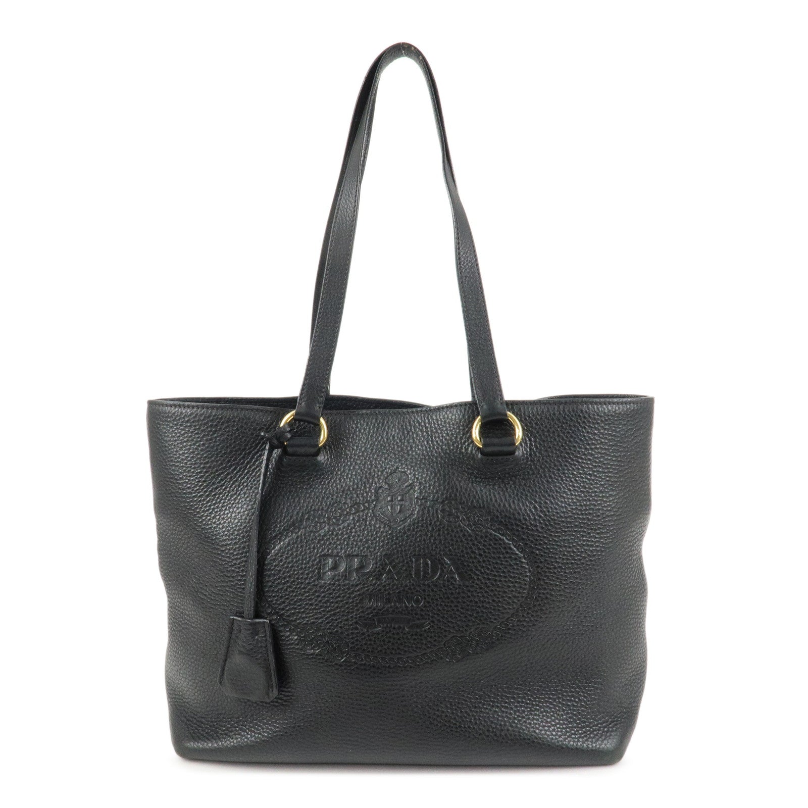 PRADA Logo Leather Tote Bag Shoulder Bag Black 1BG100 Used