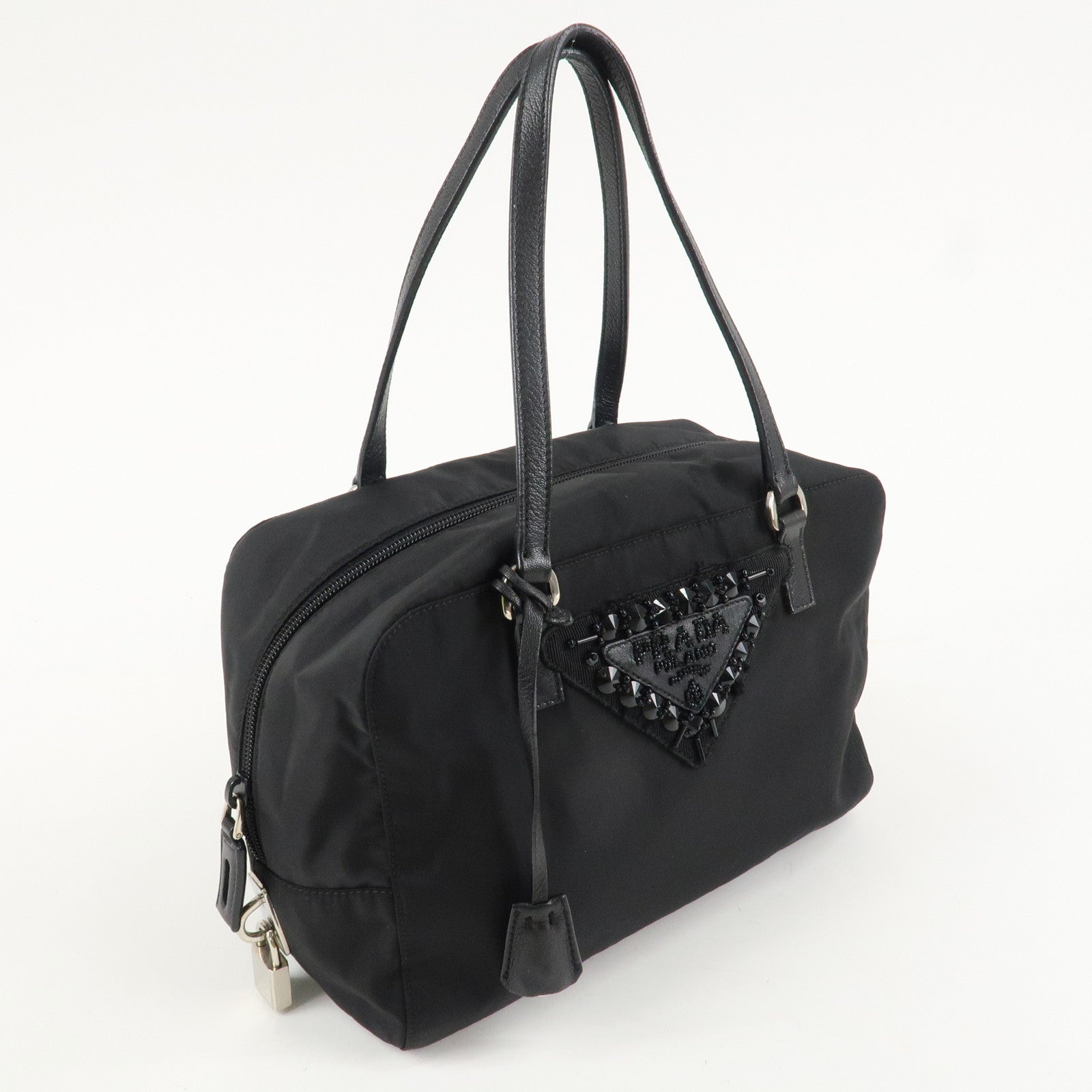 PRADA Evening Triangle Logo Leather Nylon Bijou Boston Bag Shoulder Bag Used
