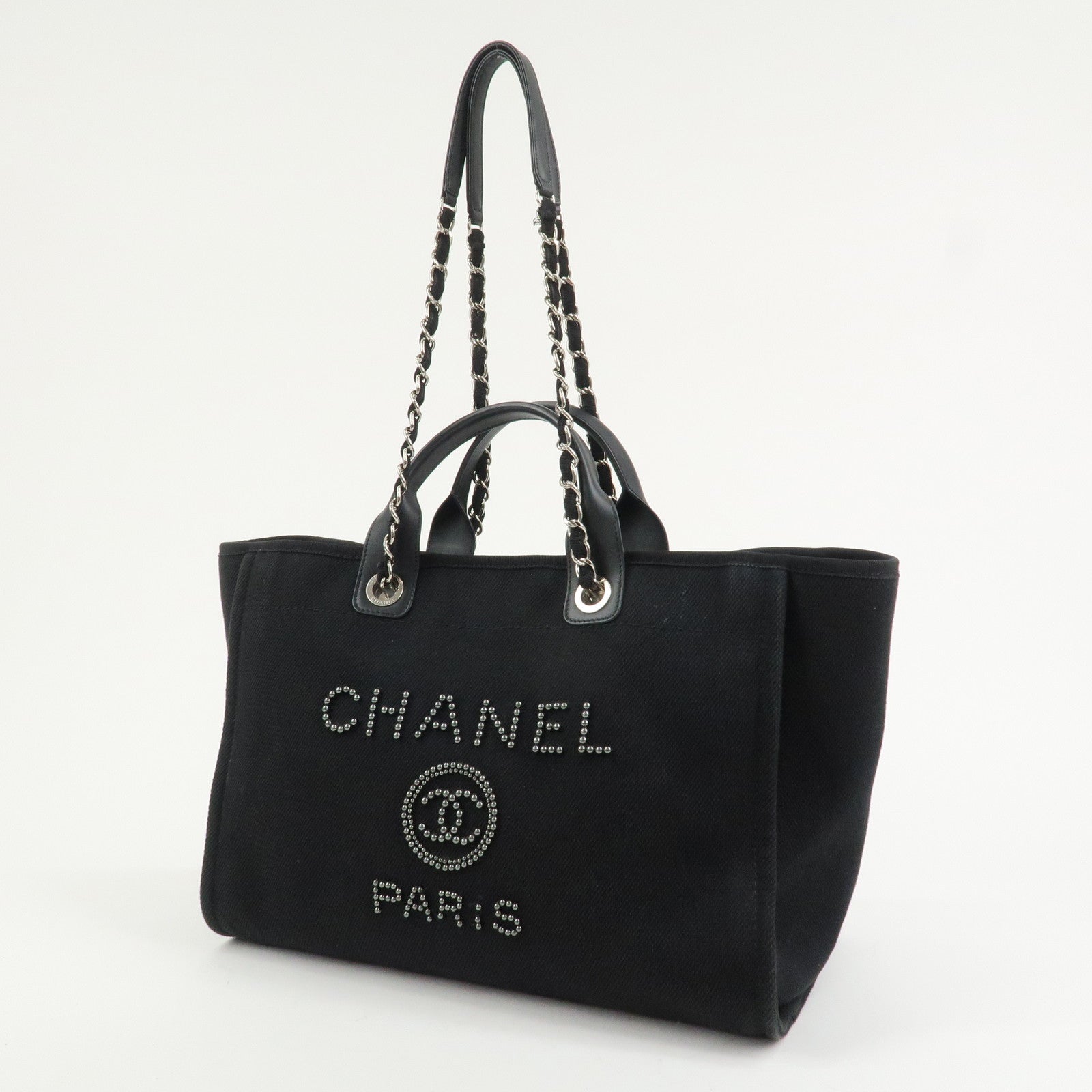 CHANEL Deauville GM Canvas Leather 2Way Tote Bag Black A66941
