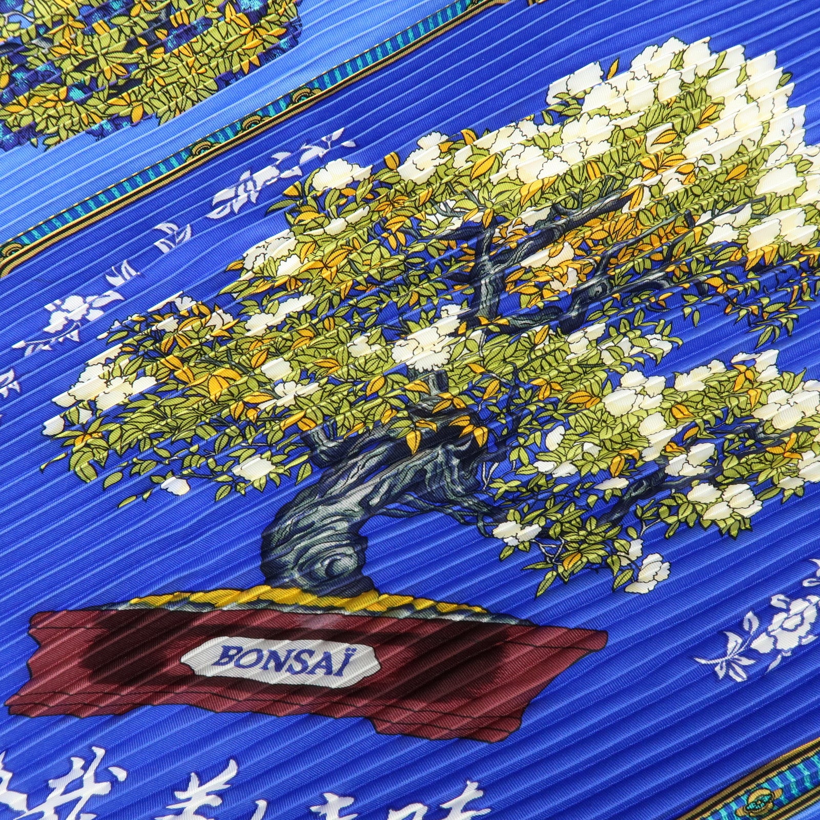 HERMES Pleated Carre 90 Silk 100% Scarf BONSAI Blue Light Green