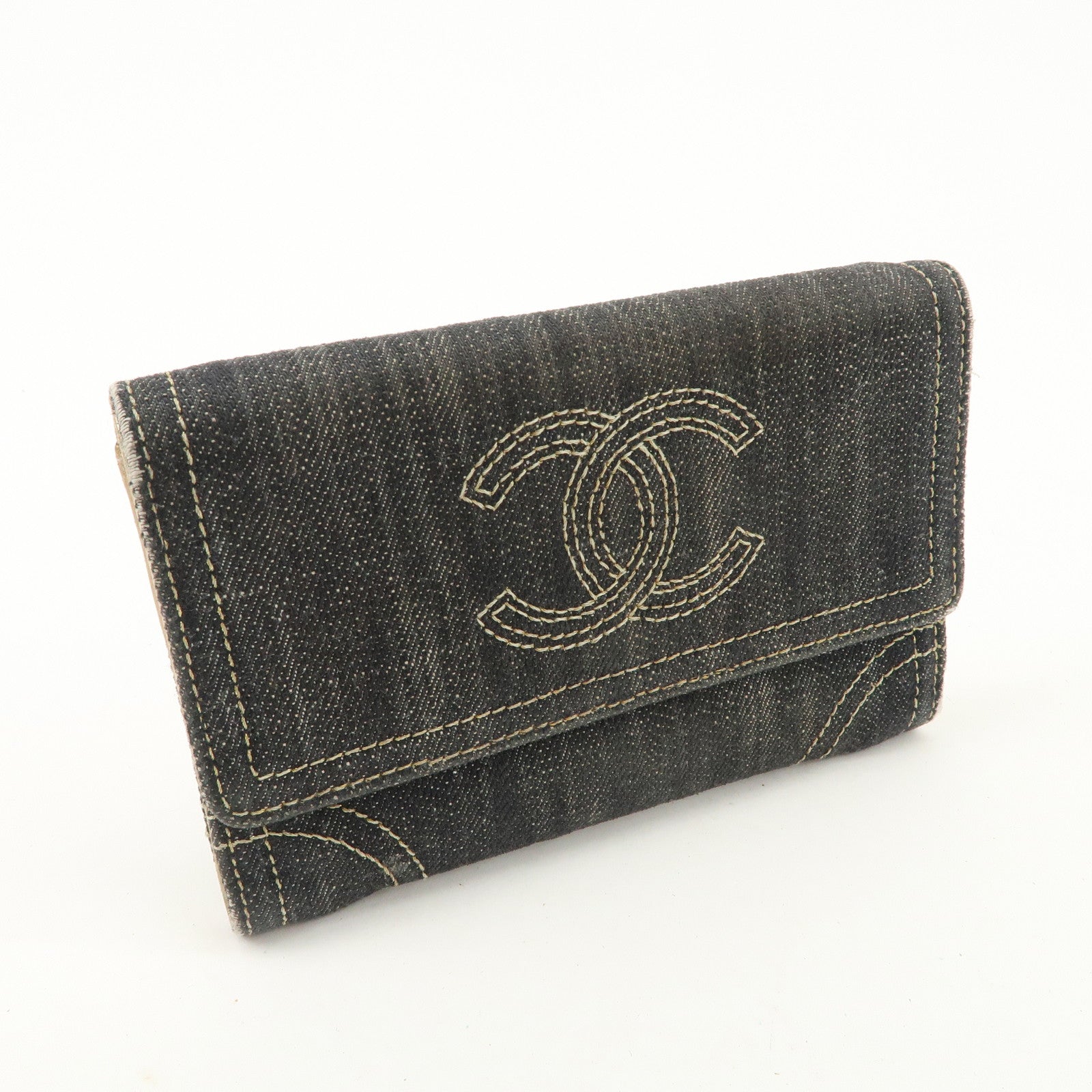 CHANEL COCO Mark Denim Bi-fold Wallet Indigo Blue A31991 Used