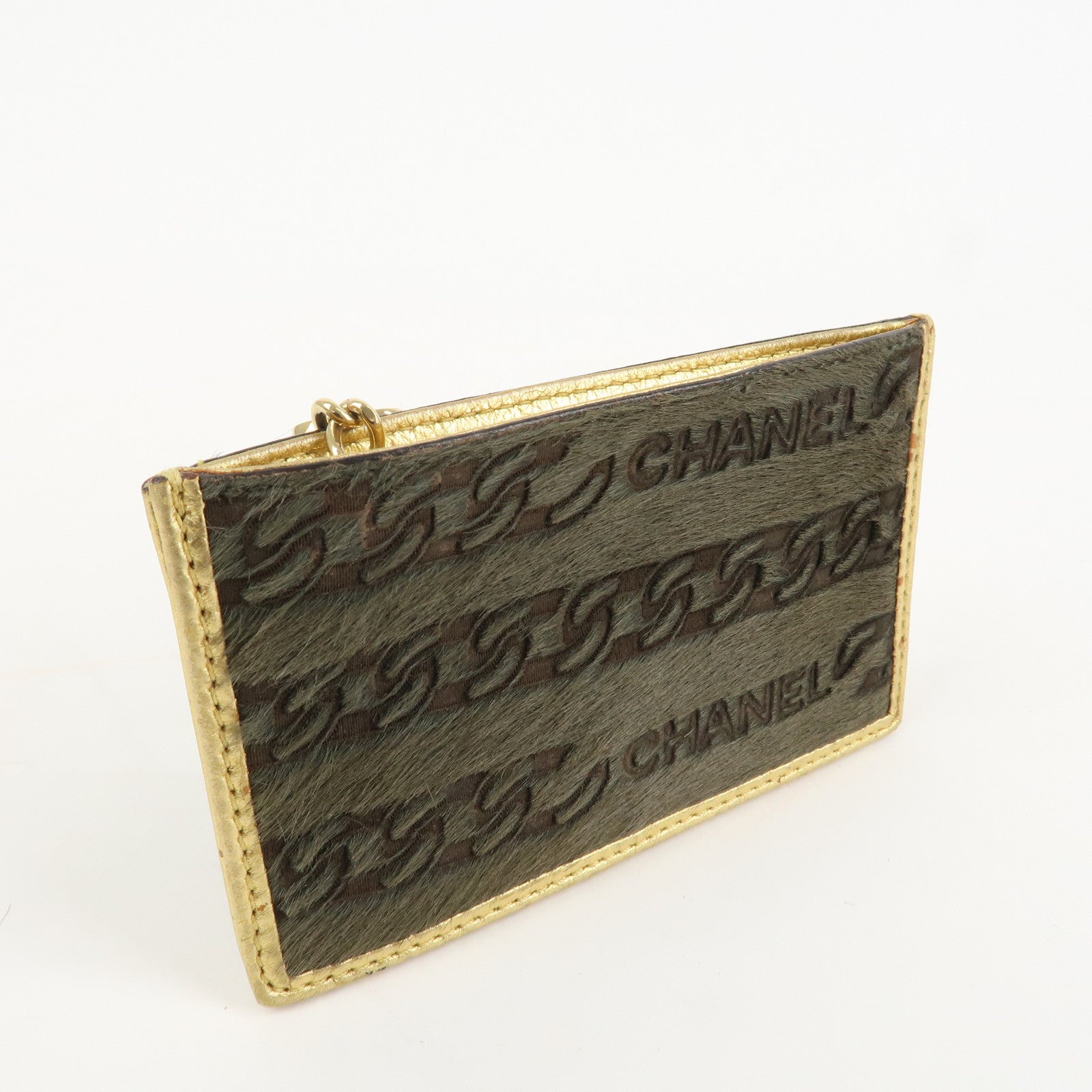 CHANEL Leather Unborn Calf Coin Case Gold Khaki Used