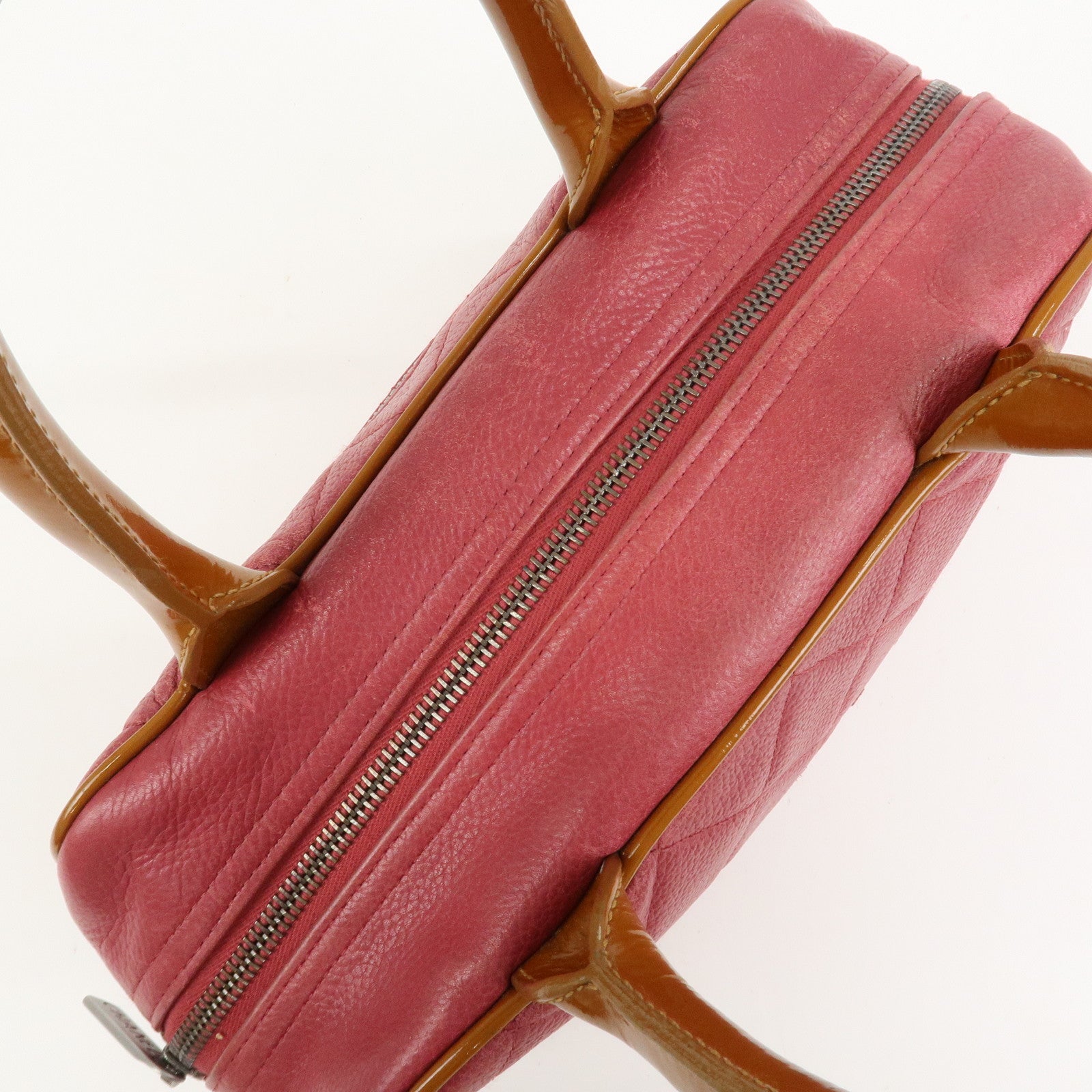 CHANEL Matelasse Leather Patent Leather Mini Boston Bag Pink Brown