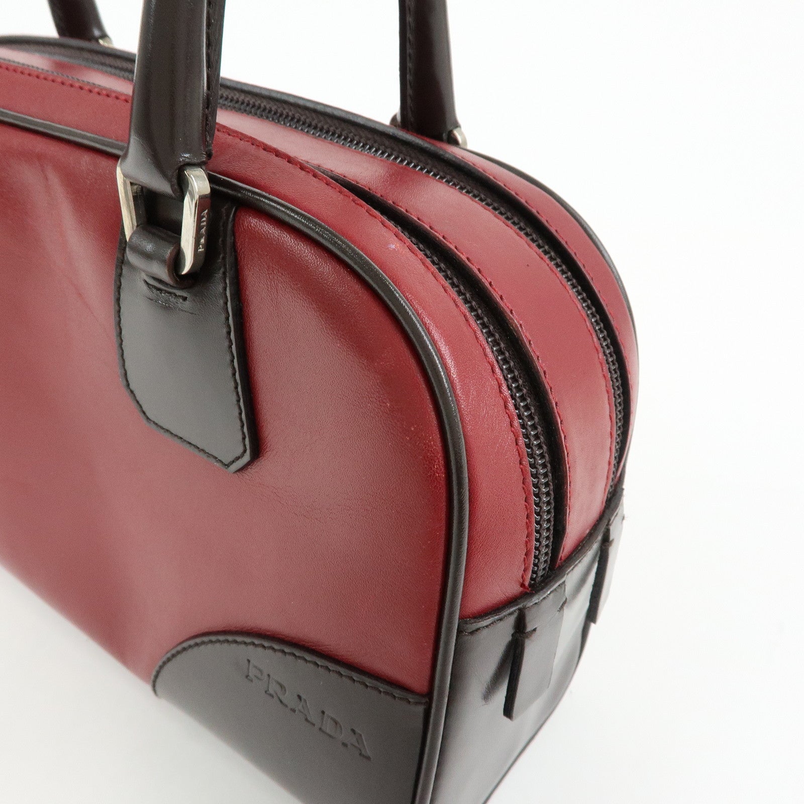 PRADA Leather Bicolor Hand Bag Mini Boston Bag Red Brown