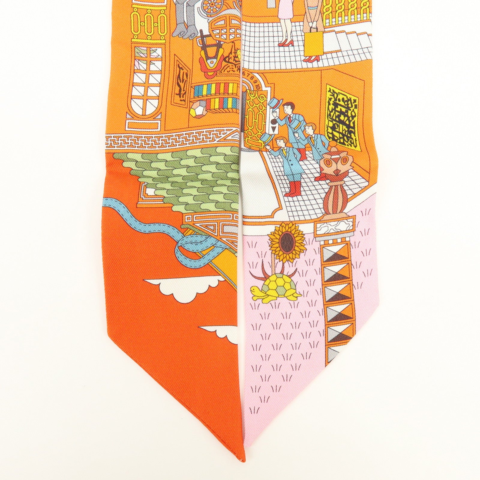 HERMES Twilly Silk 100% La Maison Des Carres Scarf Orange Pink