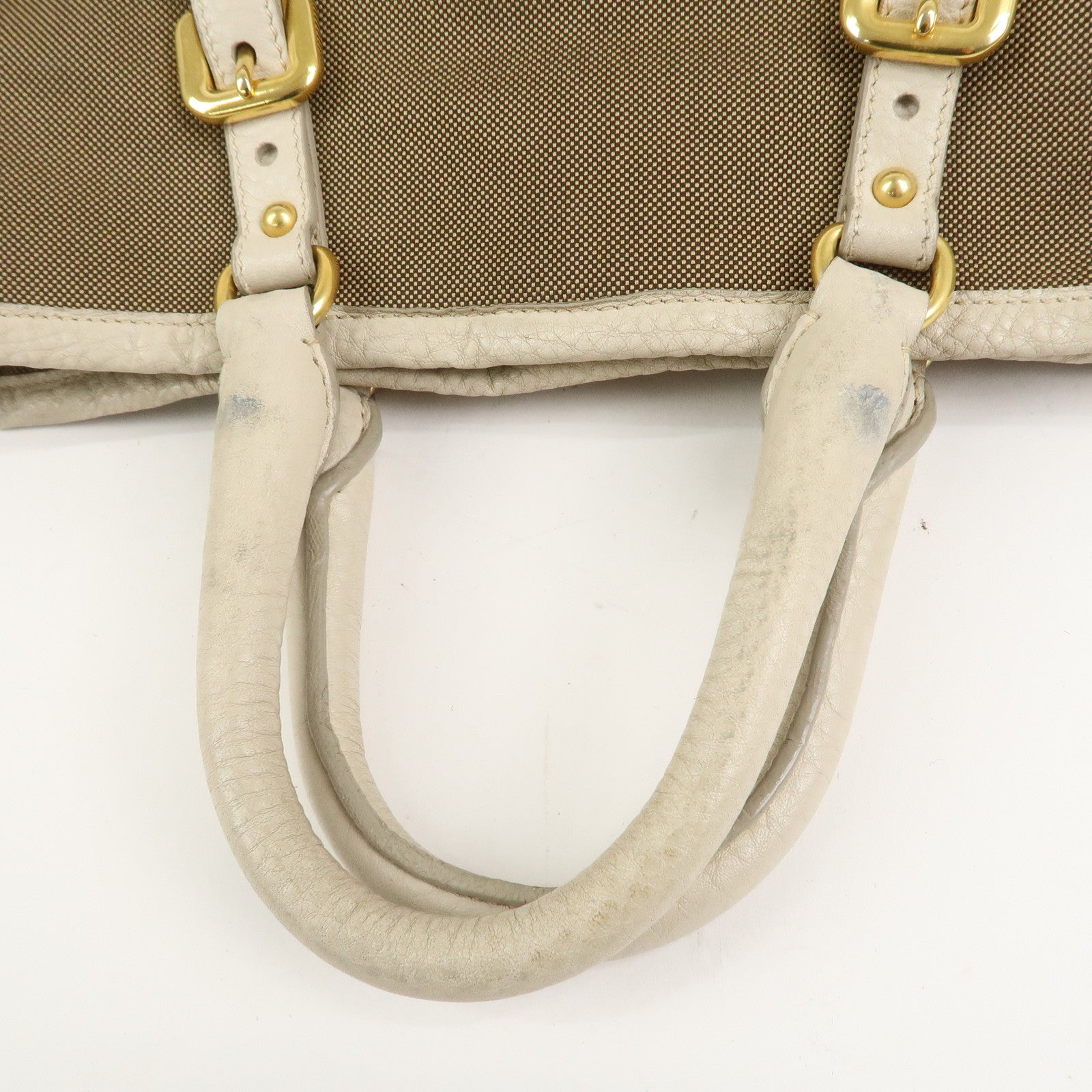 PRADA Logo Jacguard Leather 2Way Tote Bag Brown Ivory BN1841