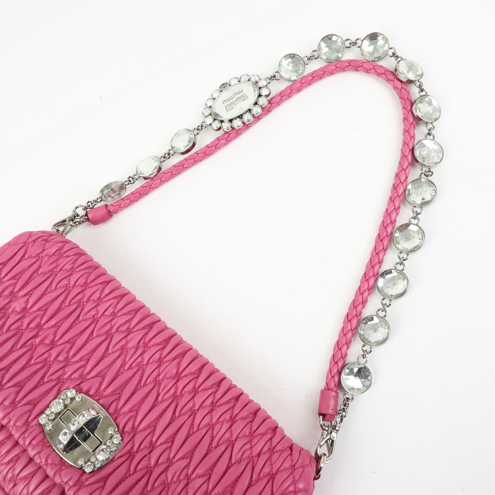 MIU MIU Matelasse Nappa Leather Rhinestone 2Way Bag Pink RP0169