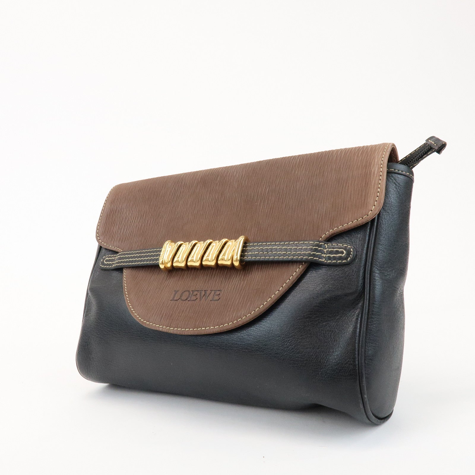 LOEWE Velazquez Logo Leather Clutch Bag Black Brown