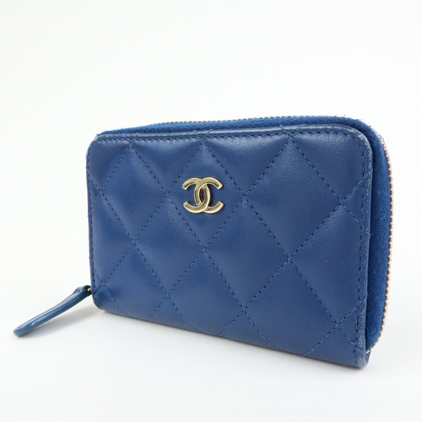 CHANEL Matelasse COCO Mark Lamb Skin Coin Case Card Case Blue