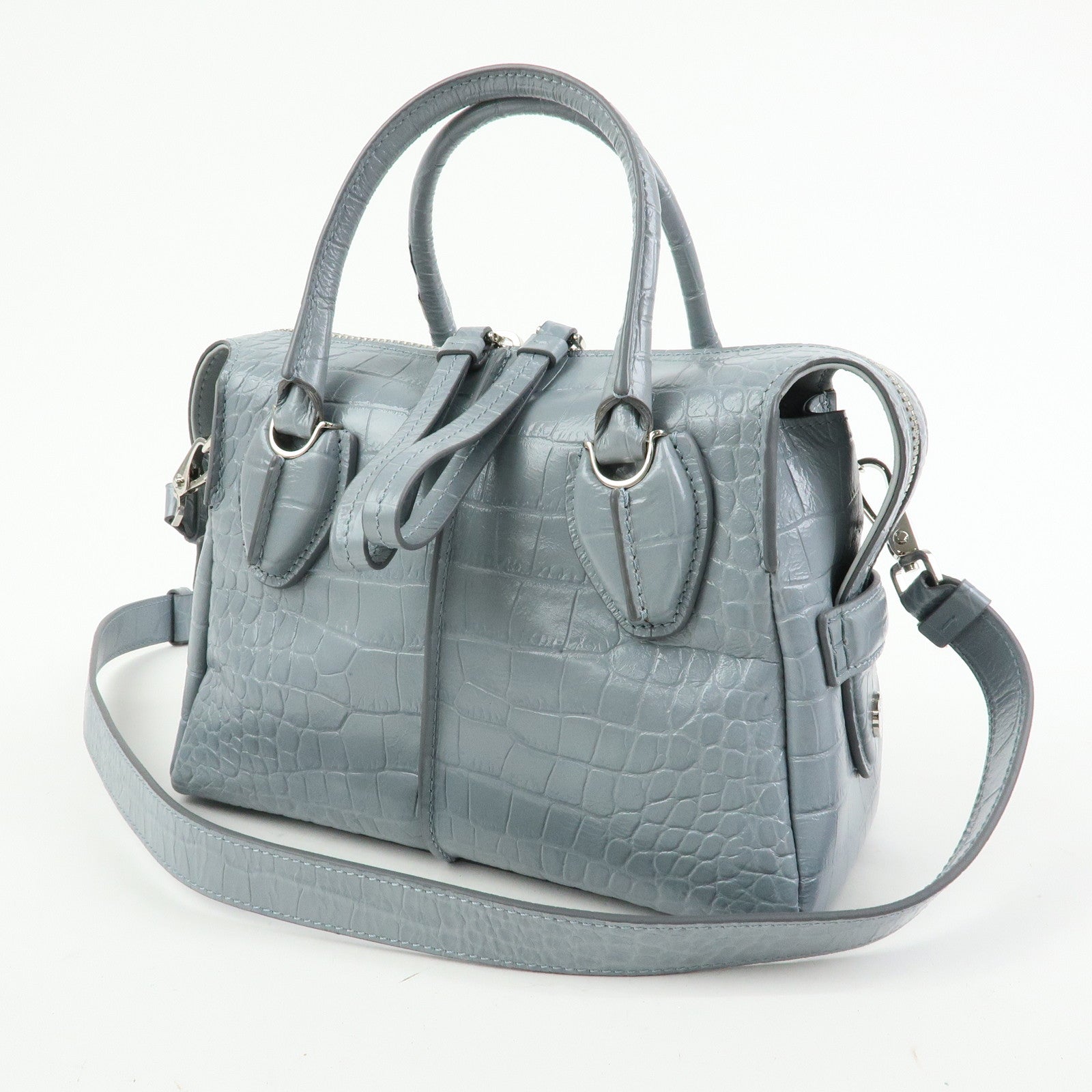 TOD'S D Styling Embossed Leather 2Way Hand Shoulder Bag Light Gray