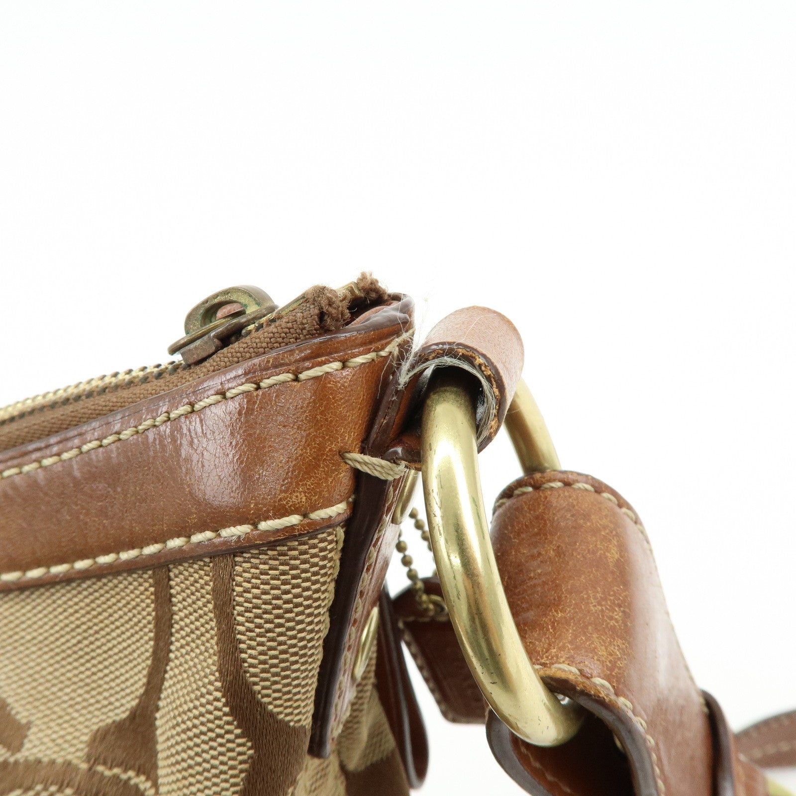 COACH Signature Set of 2 Canvas Leather Shoulder Bag Beige Camel