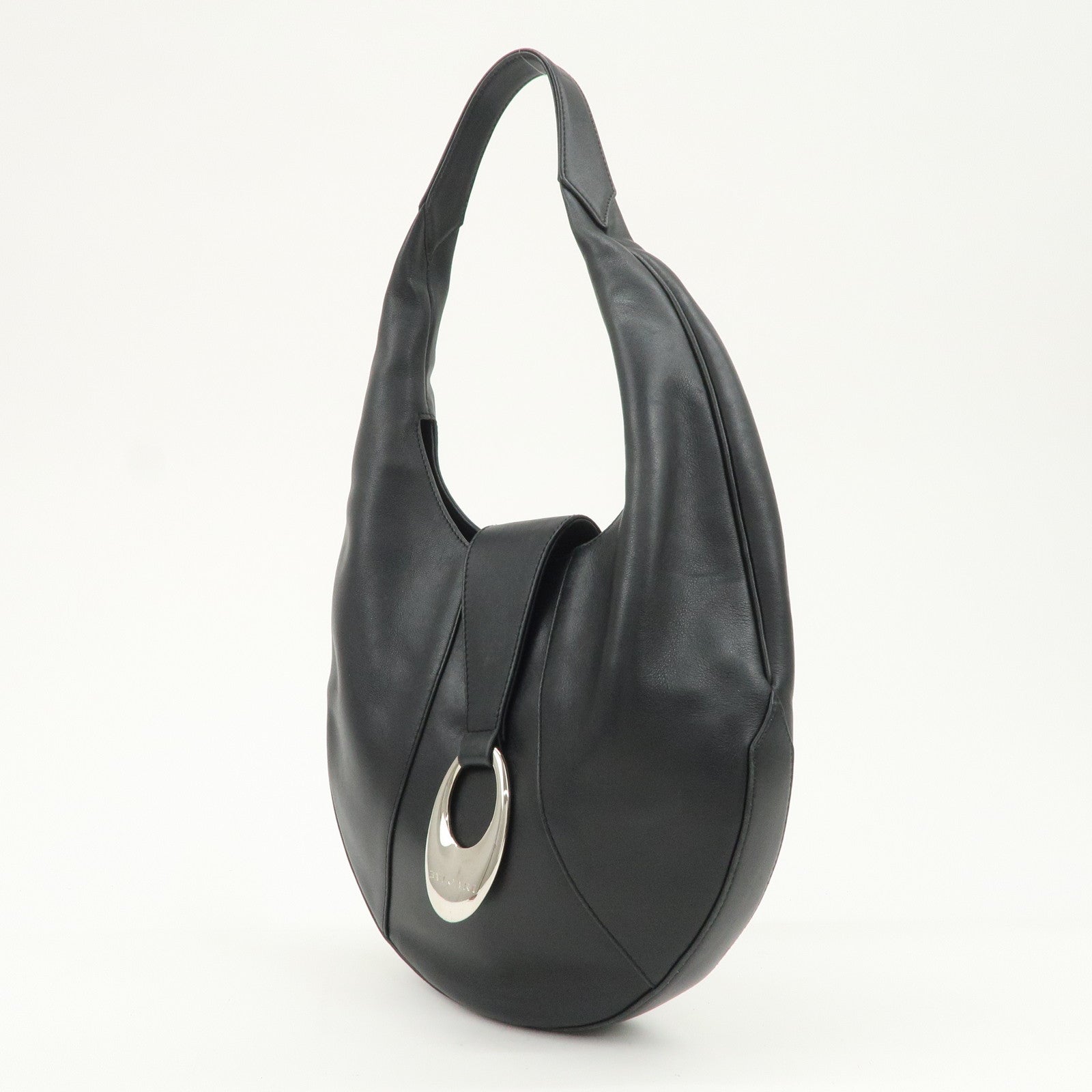 BVLGARI Leather Shoulder Bag Hand Bag Black Silver