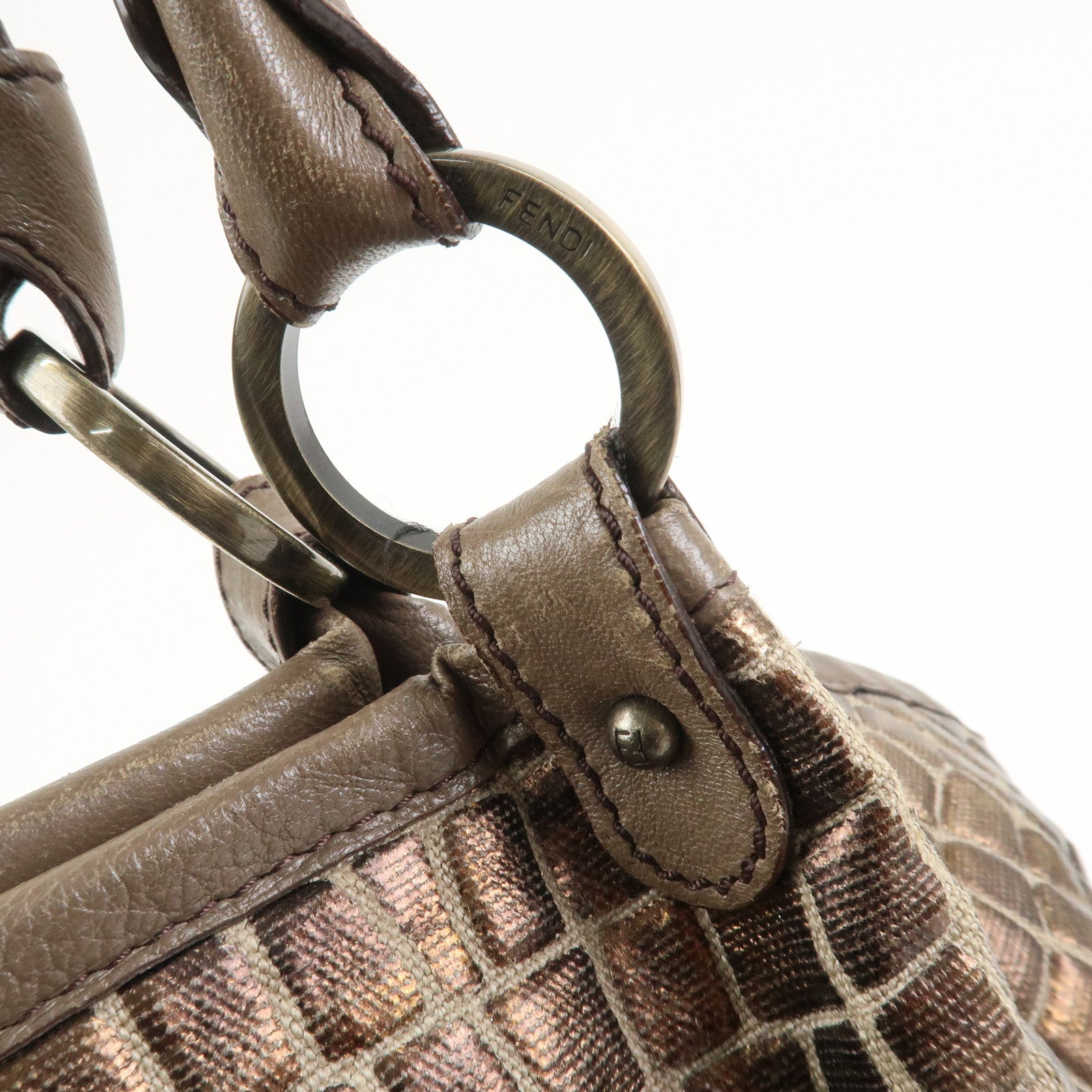 FENDI Embossed Leather Gathered Shoulder Bag Tote Bag Brown 8BH186