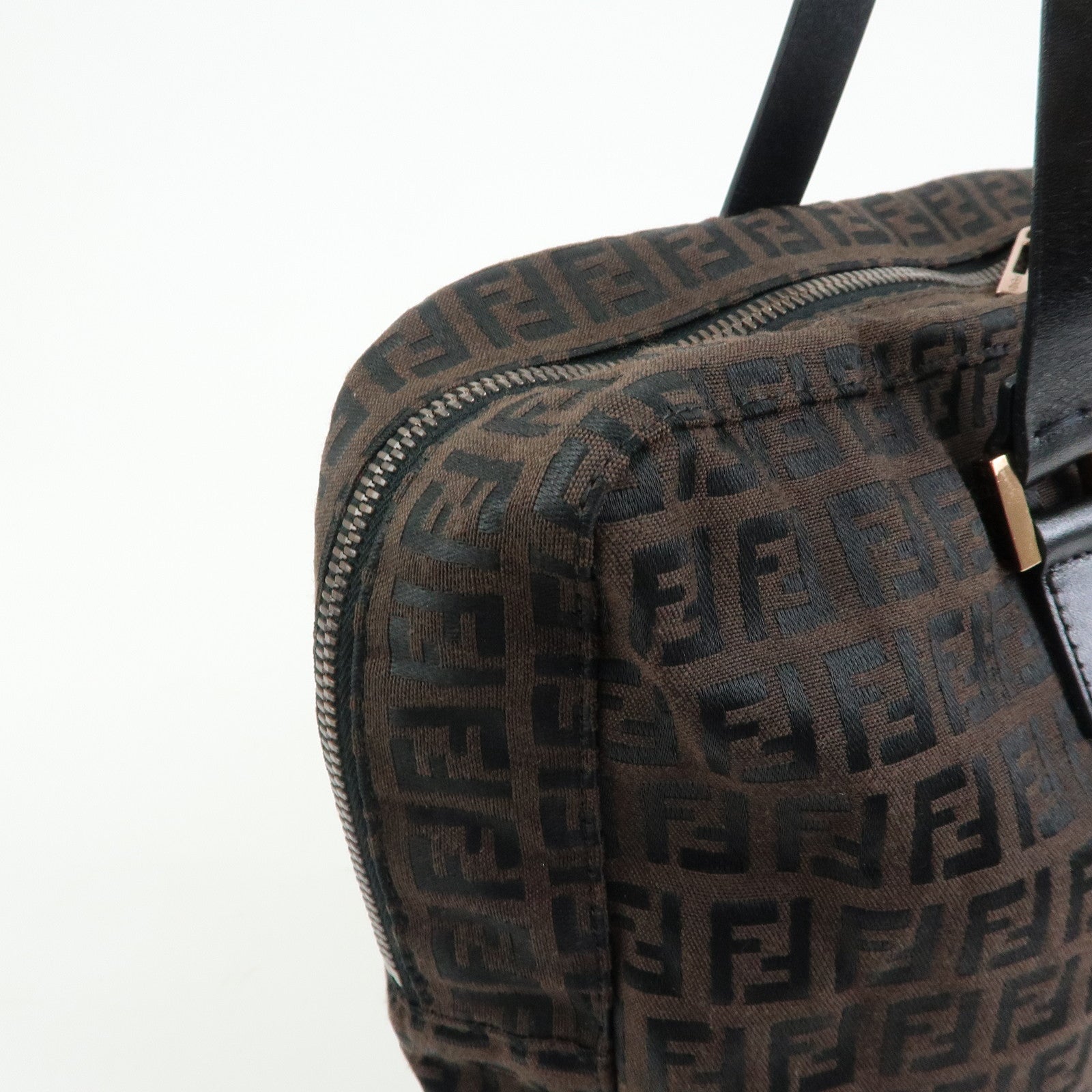 FENDI Zucchino Canvas Leather Tote Shoulder Boston Bag Brown 8BH031