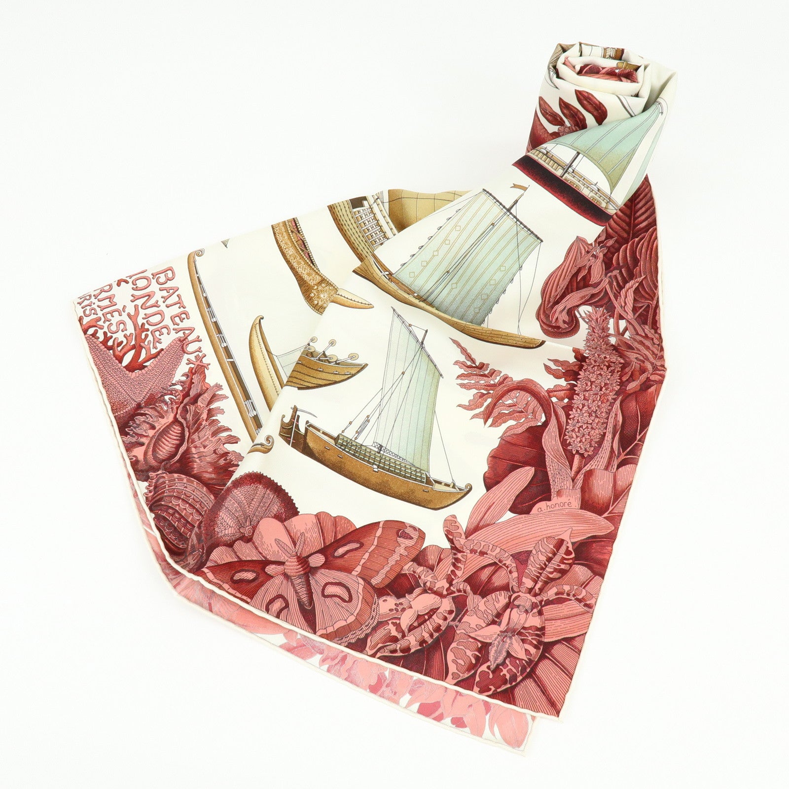 HERMES Carre 90 Silk 100% Scarf Tous Les Bateaux du Monde White Red