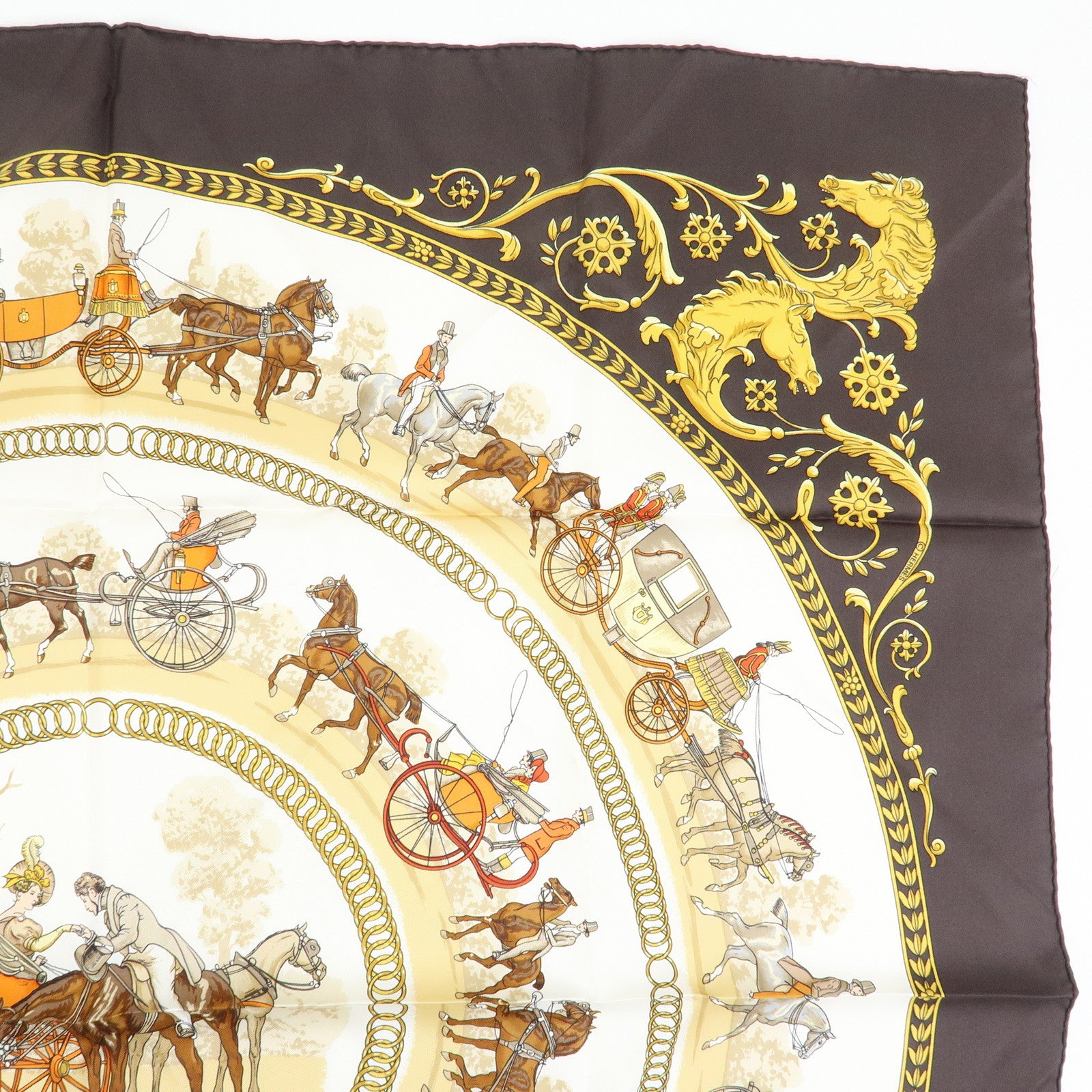 HERMES Carre 90 Silk 100% Scarf LA PROMENADE DE LONGCHAMPS Brown