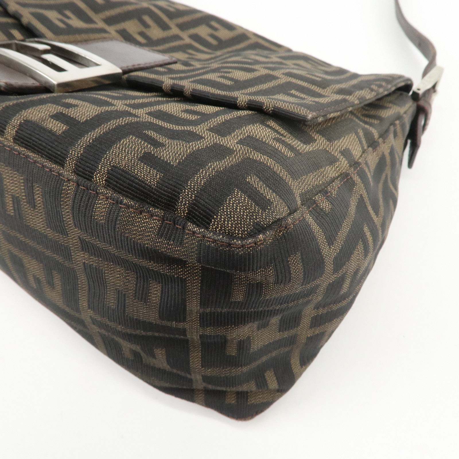 FENDI Mamma Baguette Zucca Canvas Leather Shoulder Bag Brown 26325