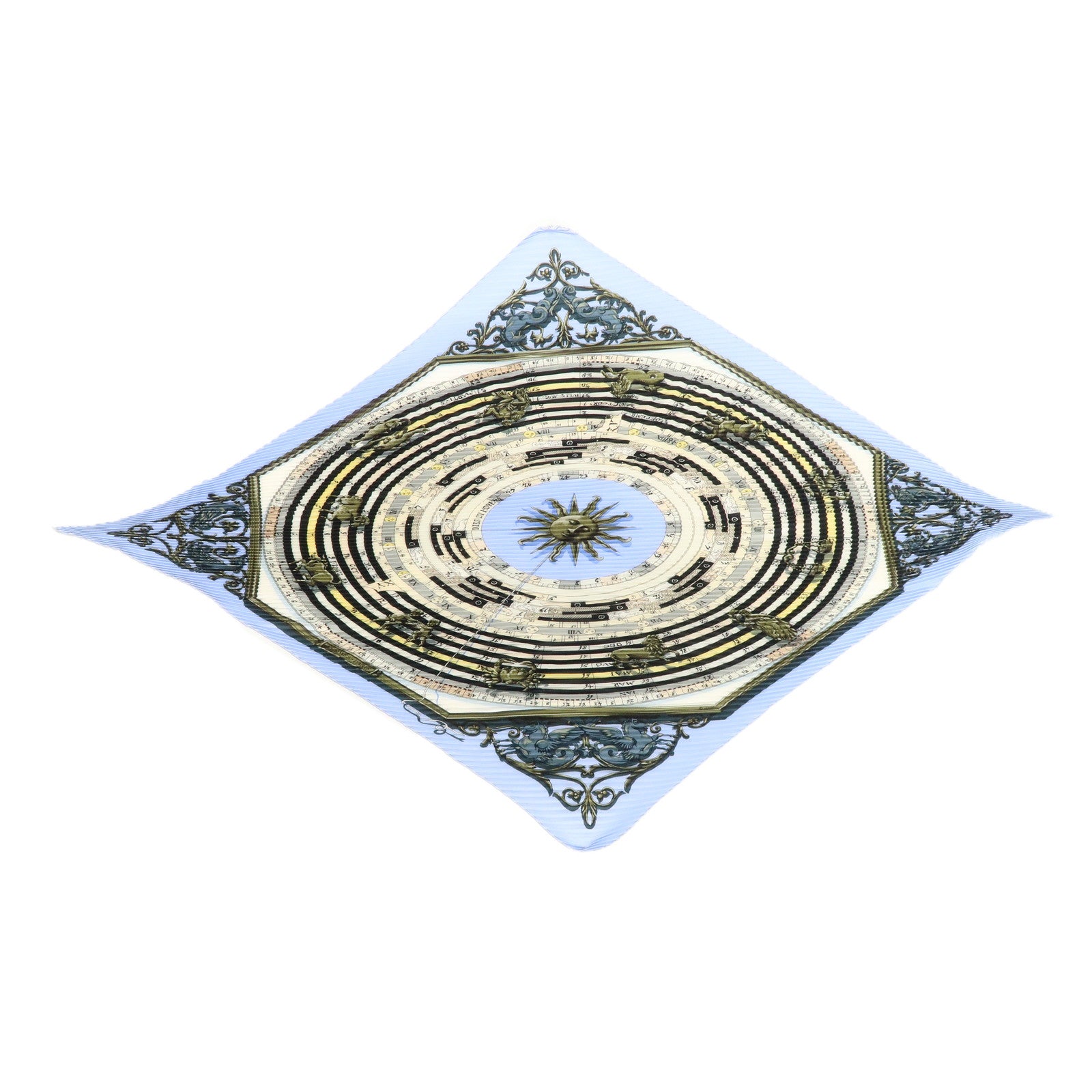 HERMES Pleats Carre Silk 100% Scarf DIES ET HORE Blue Ivory Used