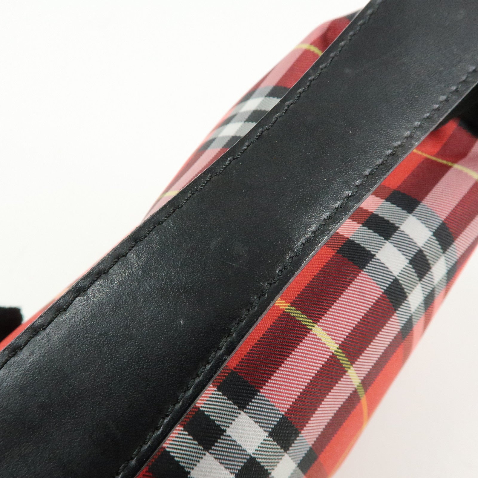 BURBERRY Canvas Plaid Leather Mini Hand Bag Red