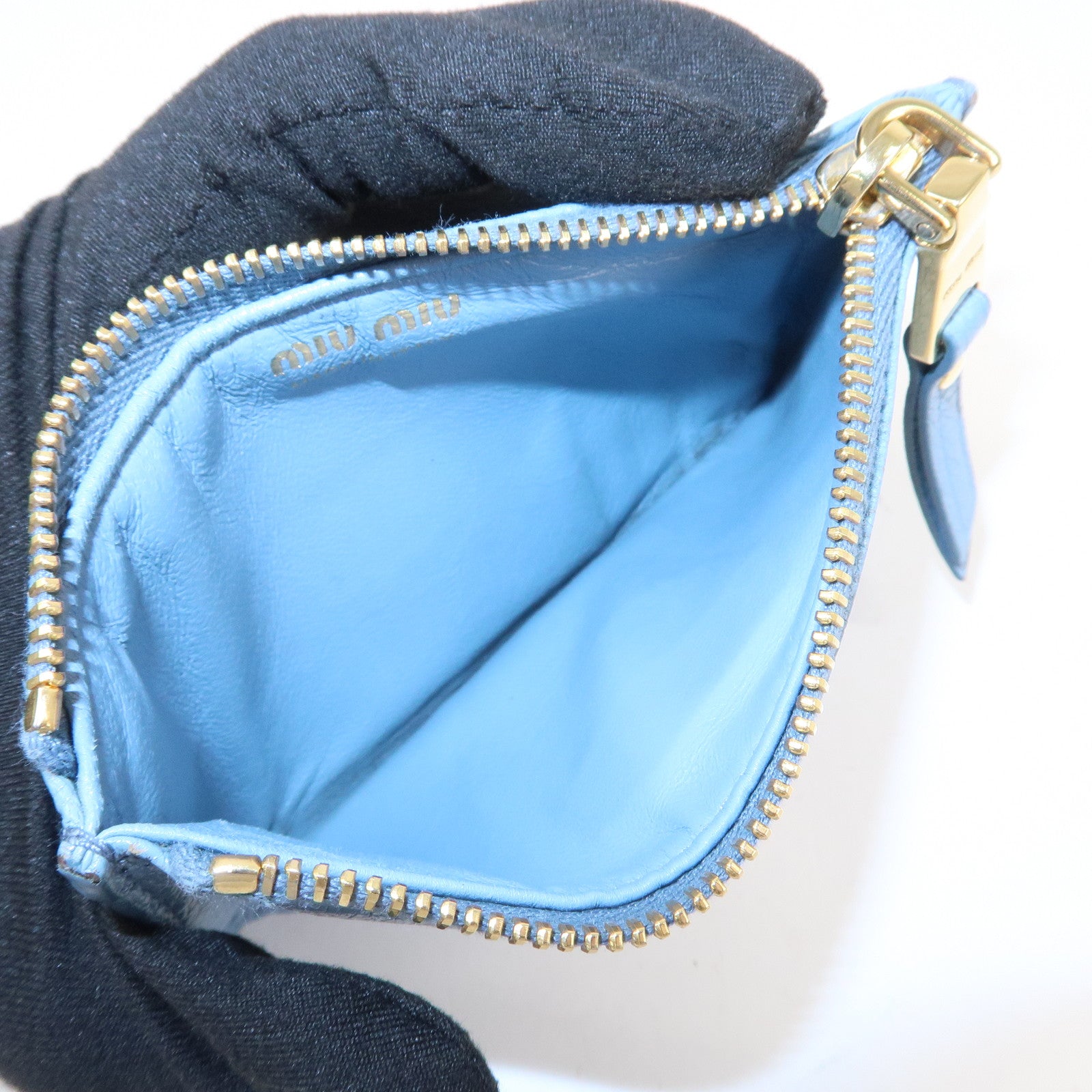 MIU MIU Leather Fragment Case Card Case Light Blue 5MB060 Used