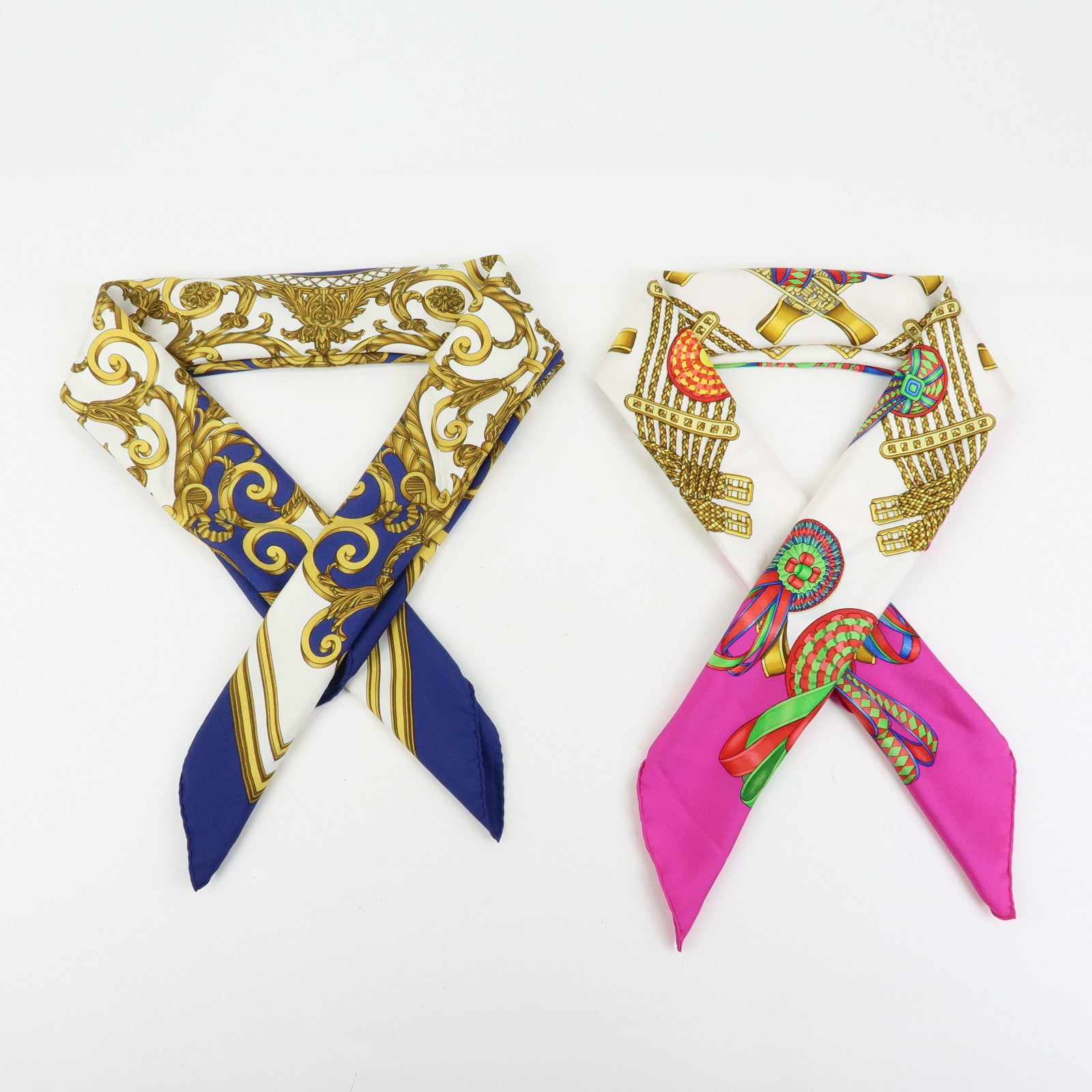 HERMES Carre 90 Set of 2 Silk 100% Scarf Blue White Pink