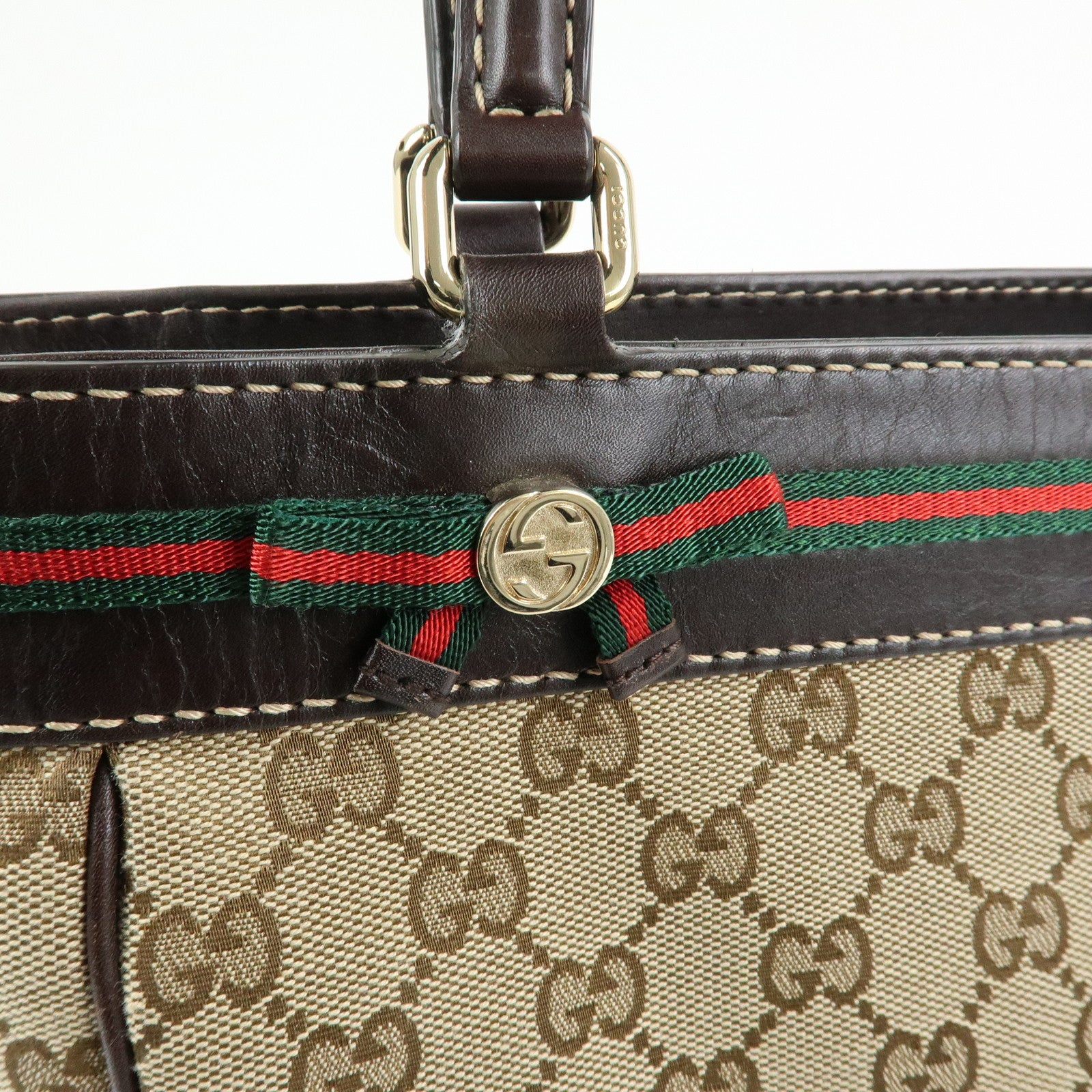GUCCI Sherry Canvas Leather Tote Bag Hand Bag Beige Brown 257061