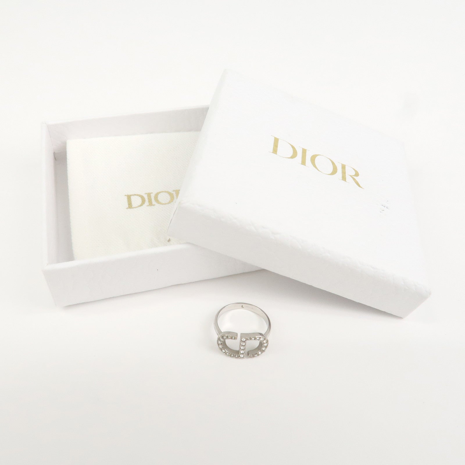 Christian Dior CD Logo Metal Rhinestone Ring Silver