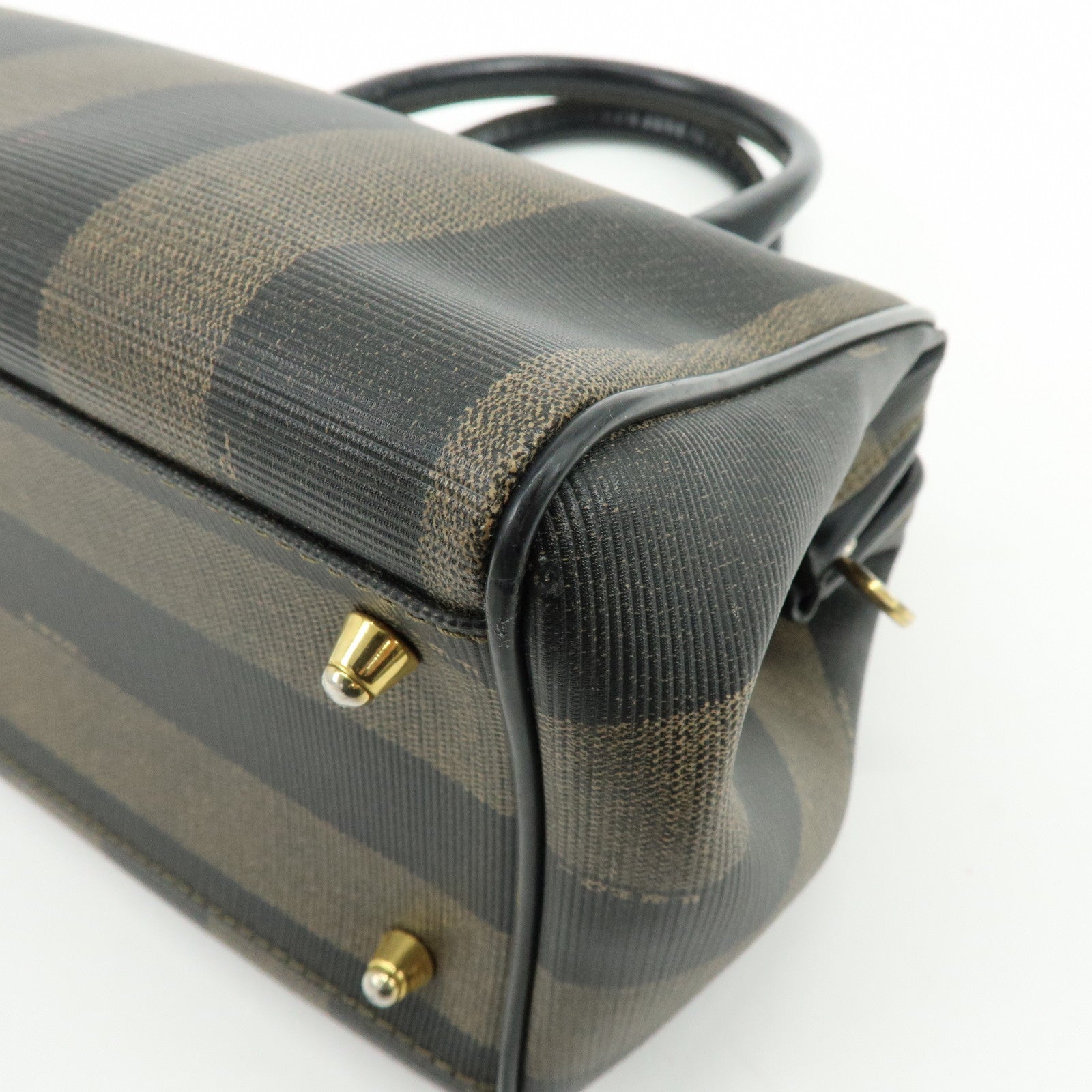 FENDI Pequin PVC Leather Boston Bag Hand Bag Black Brown