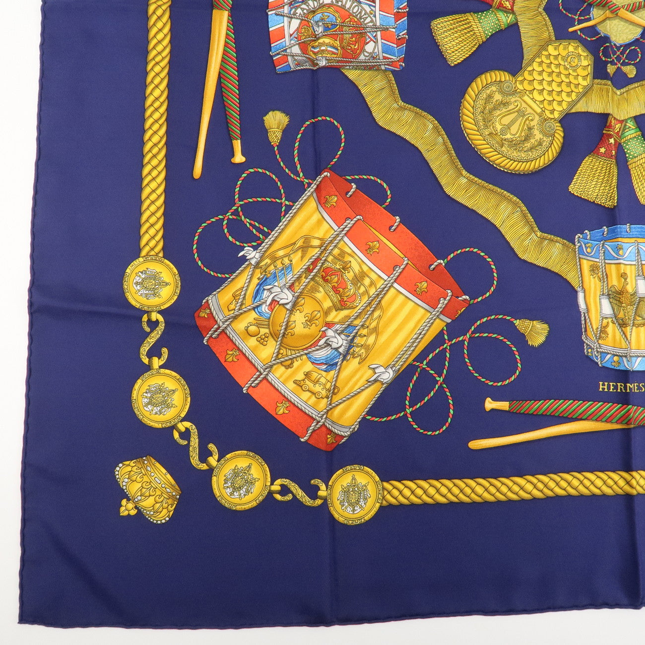 HERMES Carre 90 Silk 100% Scarf LES TAMBOURS Navy Multicolor Used