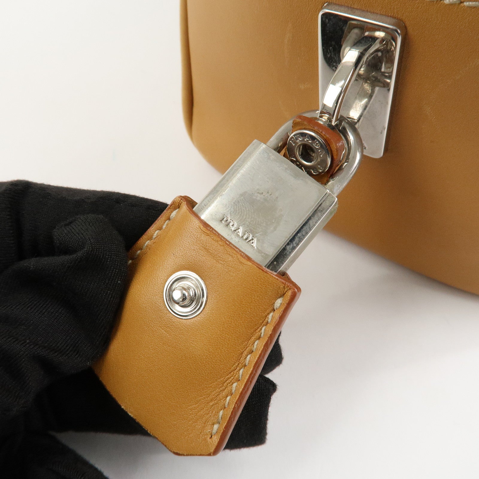 PRADA Logo Jacquard Leather Boston Bag Shoulder Bag Beige Used