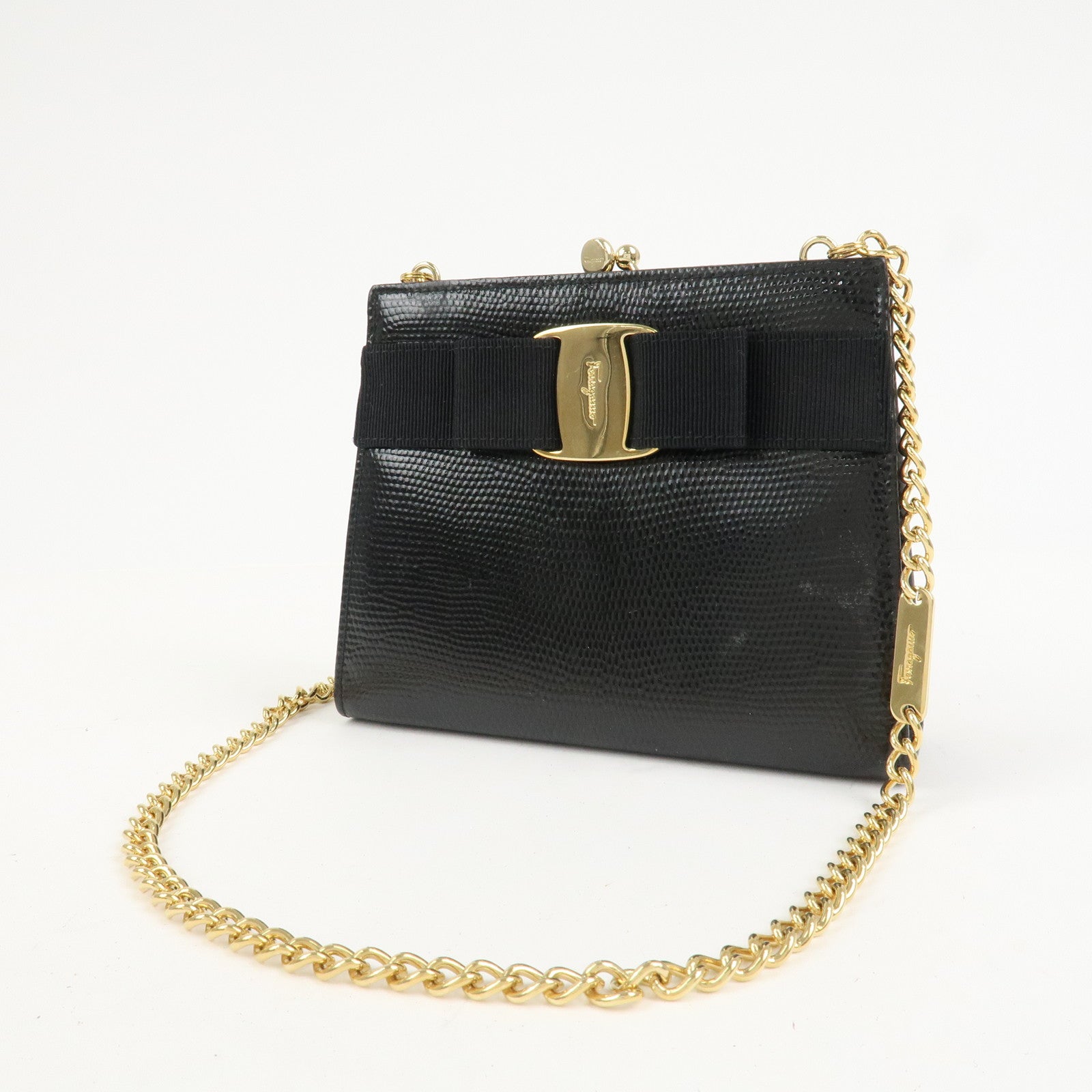 Ferragamo Vara Ribbon Embossed Leather Chain Shoulder Bag Black