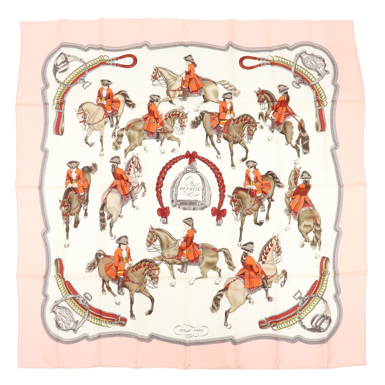 HERMES Carre 90 Silk 100% Scarf REPRISE Pink White