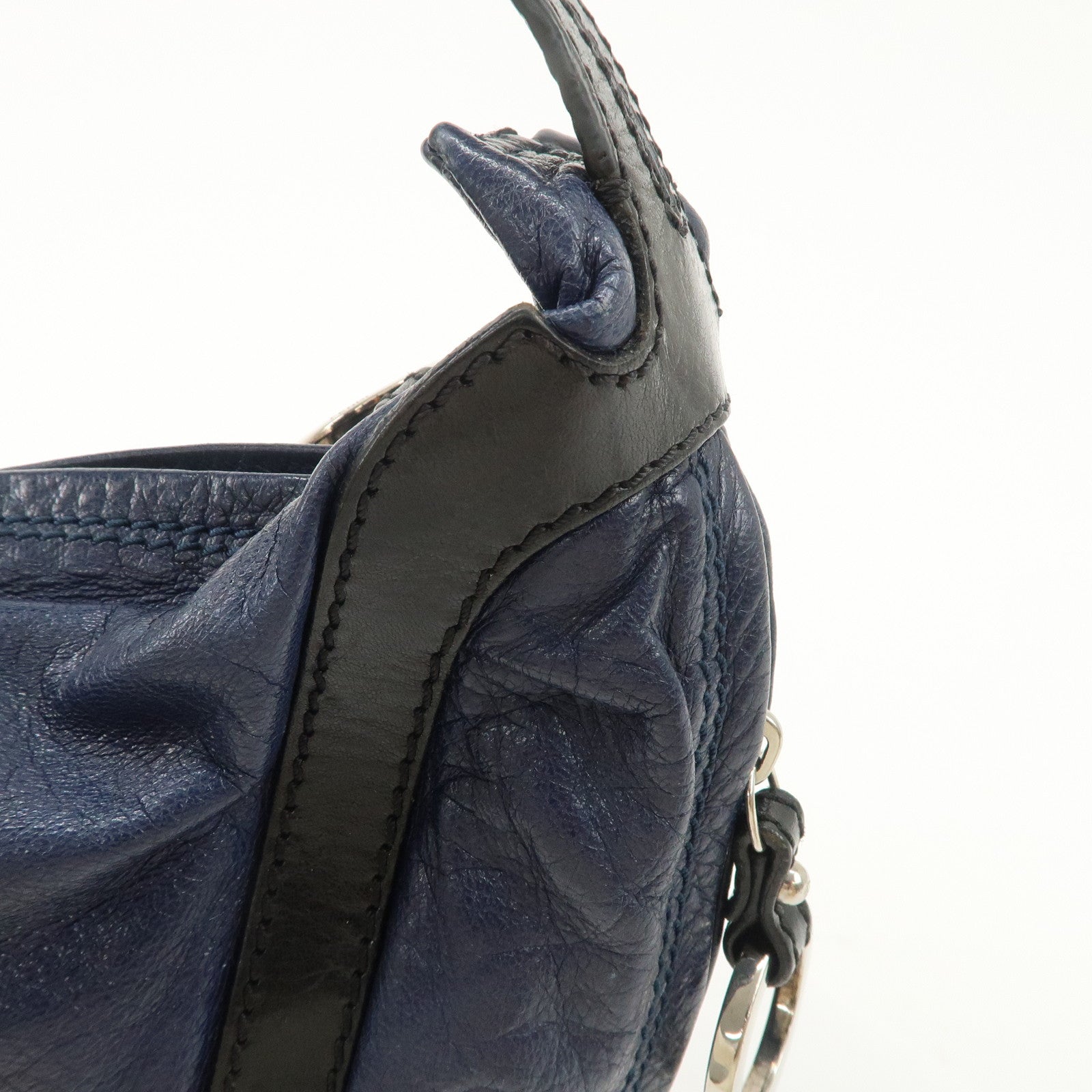 FENDI Leather Shoulder Bag Navy Black Silver HDW 8BR293 Used