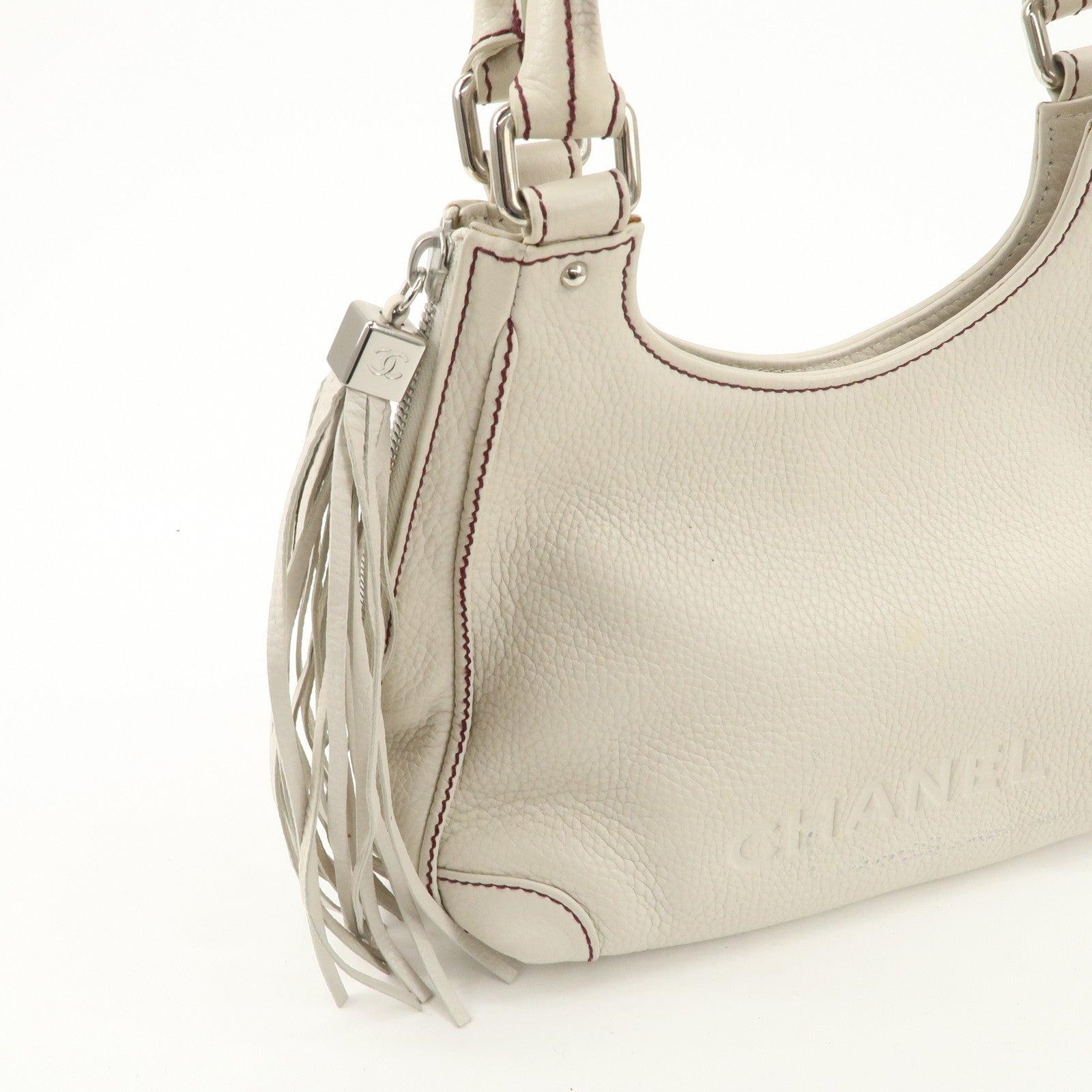 CHANEL Logo Calf Leather Fringe Tassel Shoulder Bag Hand Bag White A23055 Used