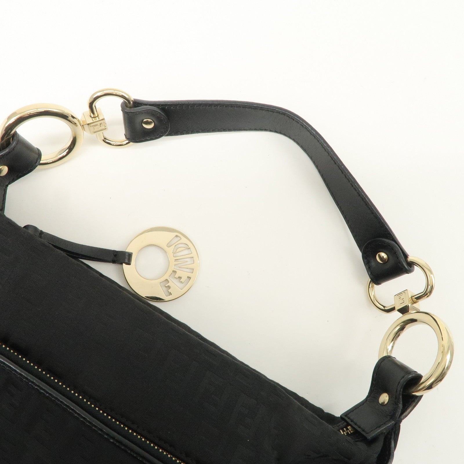 FENDI Zucchino Canvas Leather Logo Charm Shoulder Bag Black 8BR464