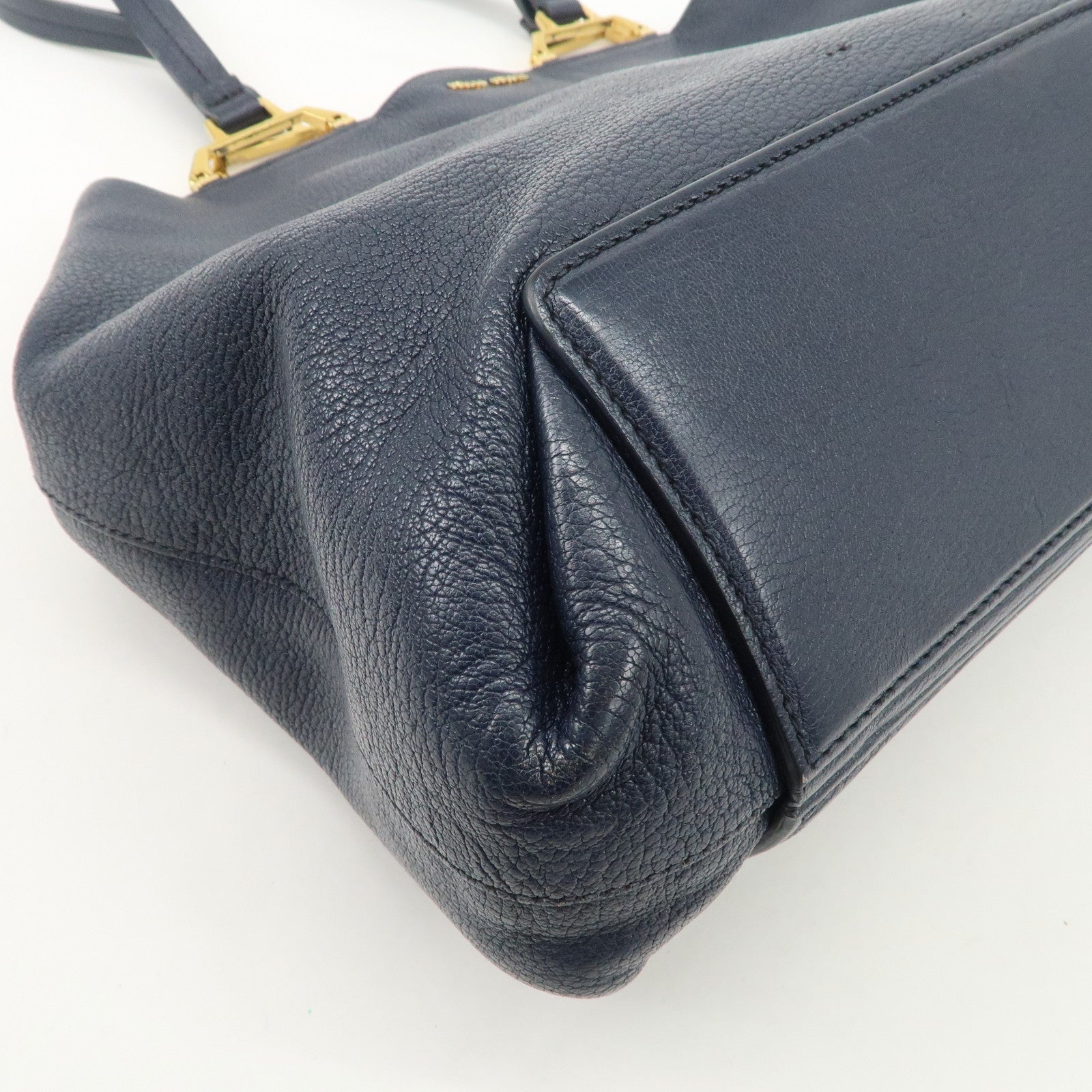 MIUMIU Logo Madras Leather Hand Bag Tote Bag Navy Gold Hardware Used