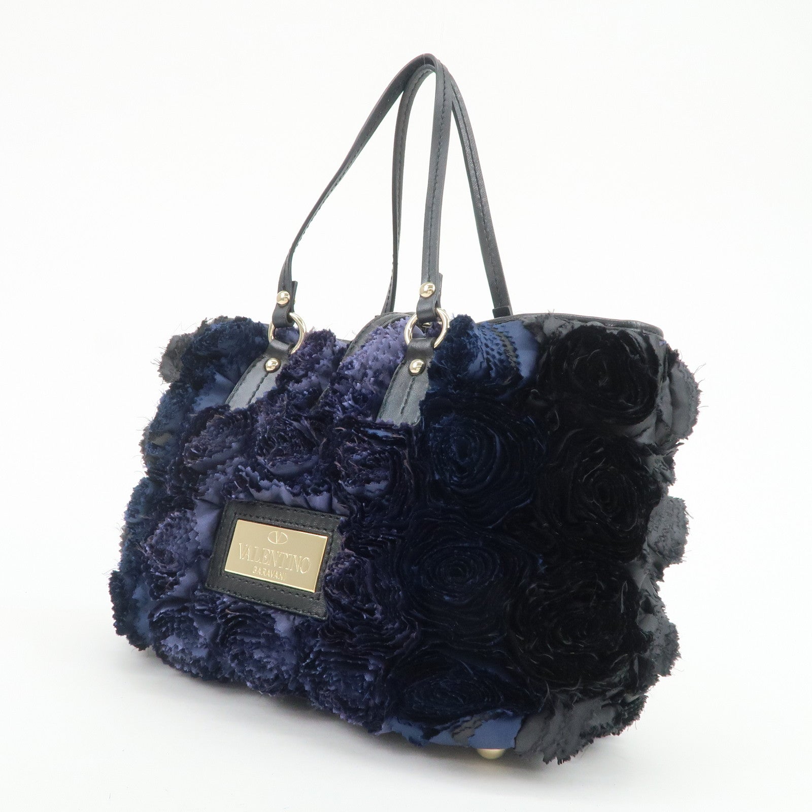 VALENTINO Logo Nylon Leather Hand Bag Navy Gold