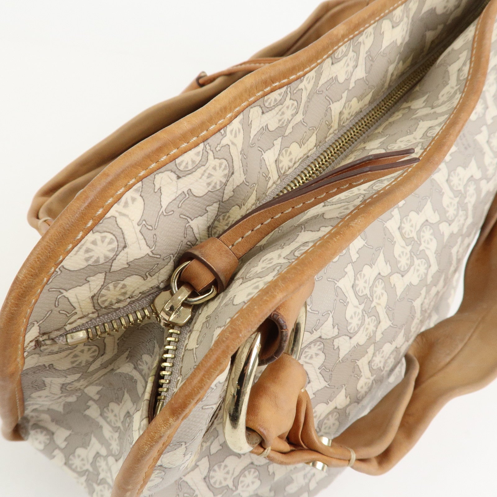 CELINE Logo Leather Hand Bag Shoulder Bag Gray Light Brown