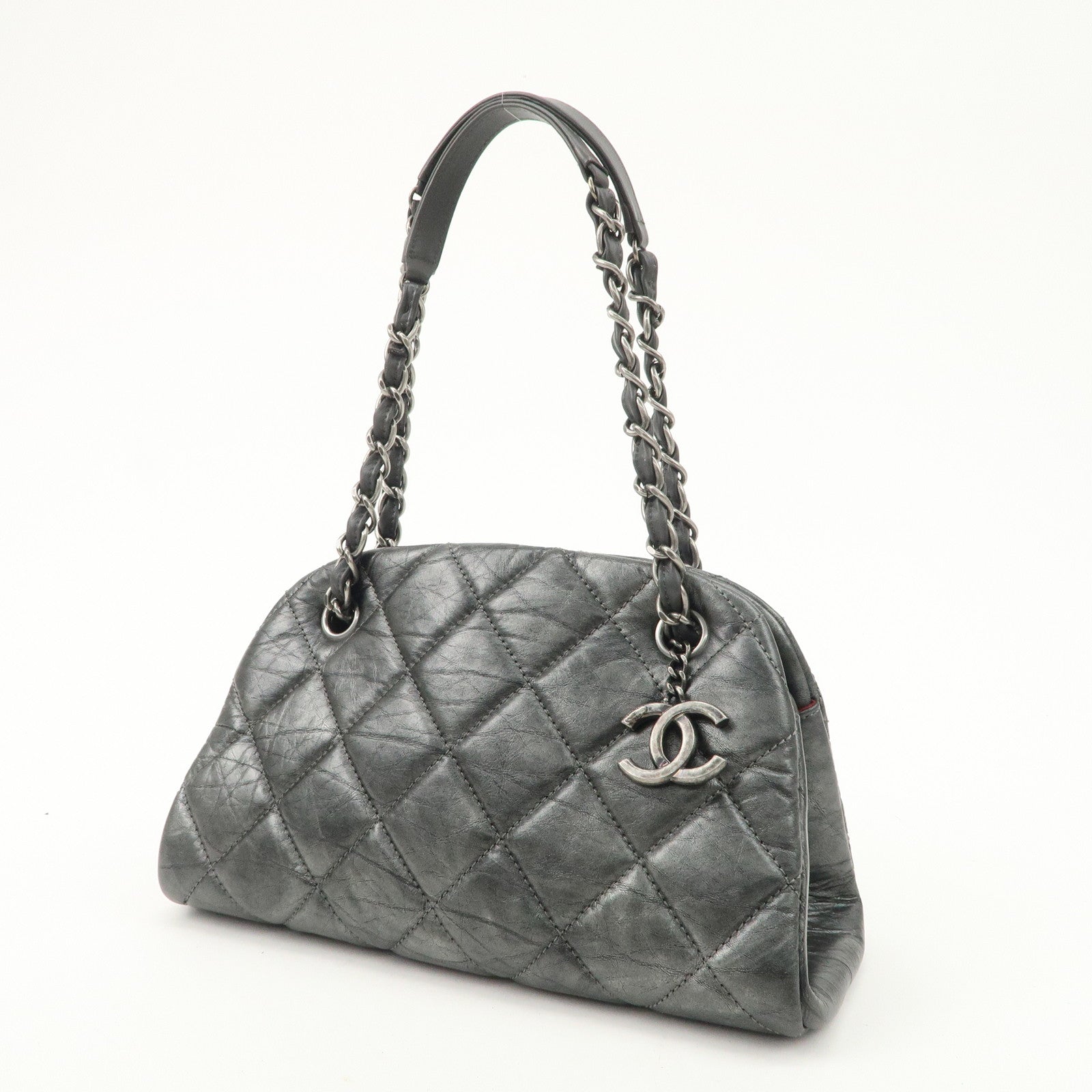 CHANEL Matelasse Leather Mademoiselle Chain Shoulder Bag Gray Silver Used