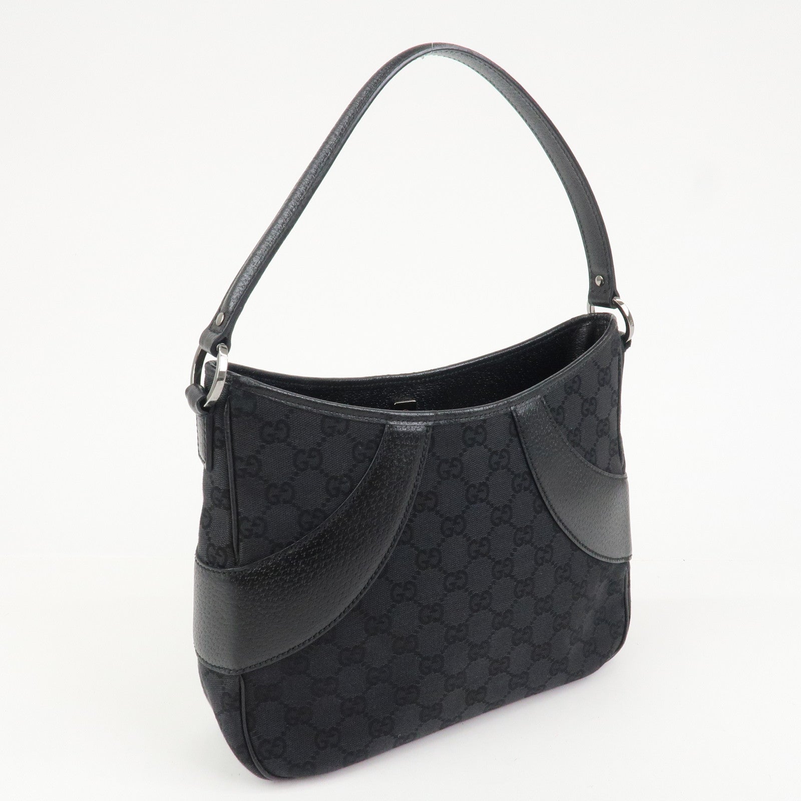 GUCCI Logo GG Canvas Leather Shoulder Bag Hand Bag Black 113012