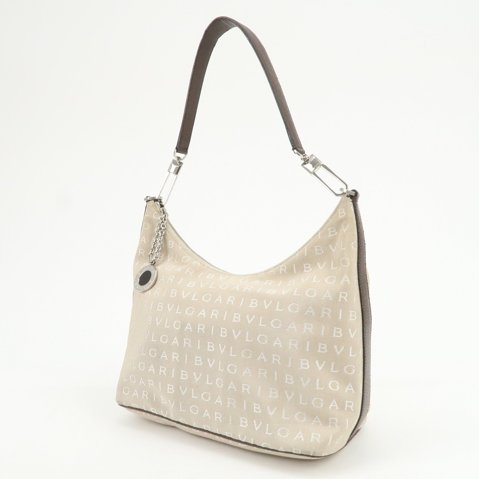 BVLGARI Logomania Canvas Leather Shoulder Bag Hand Bag Beige Brown