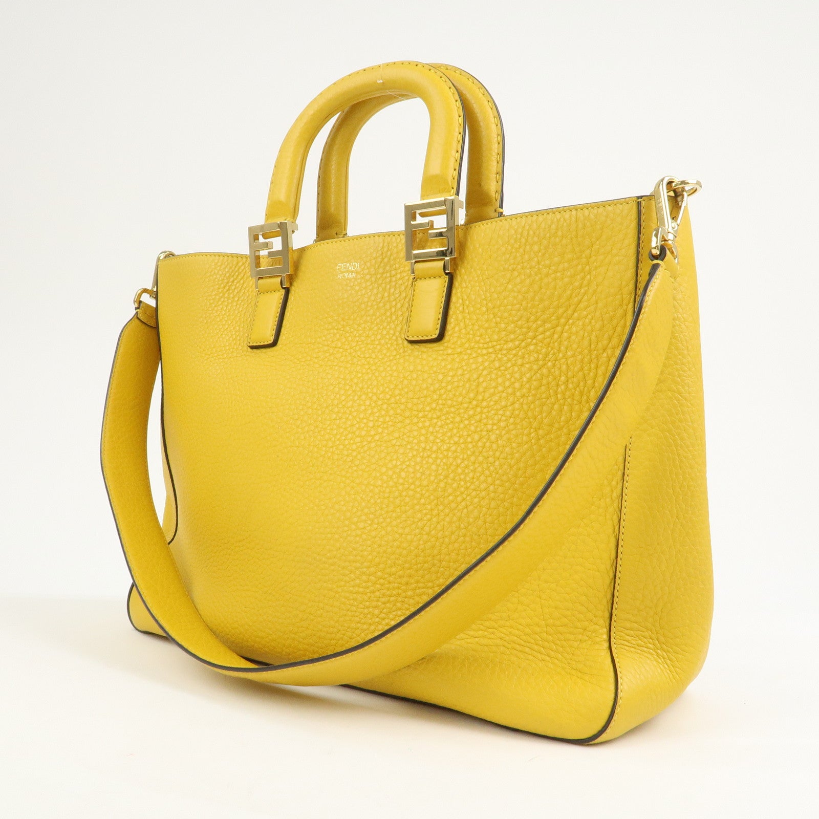 FENDI Selleria Leather 2Way Hand Tote Shoulder Bag Yellow 8BH368