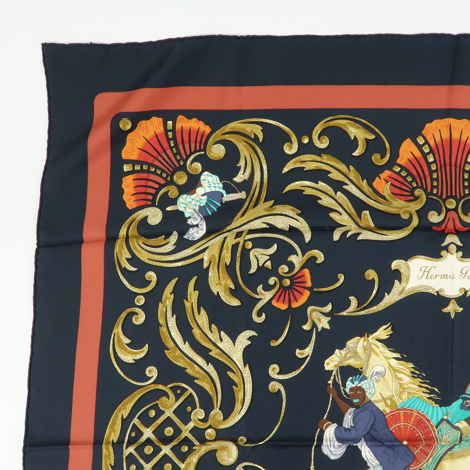 HERMES Carre 90 Silk 100% Scarf Cheval Jurc Blaqck Brown Red
