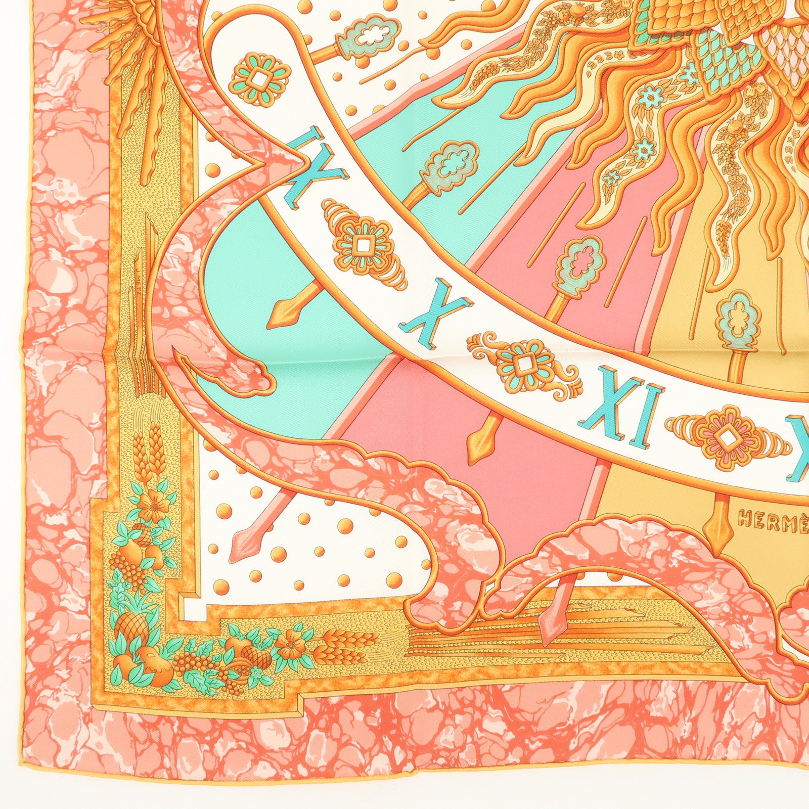 HERMES Carre 90 Silk 100% Scarf CARPE DIEM Pink White